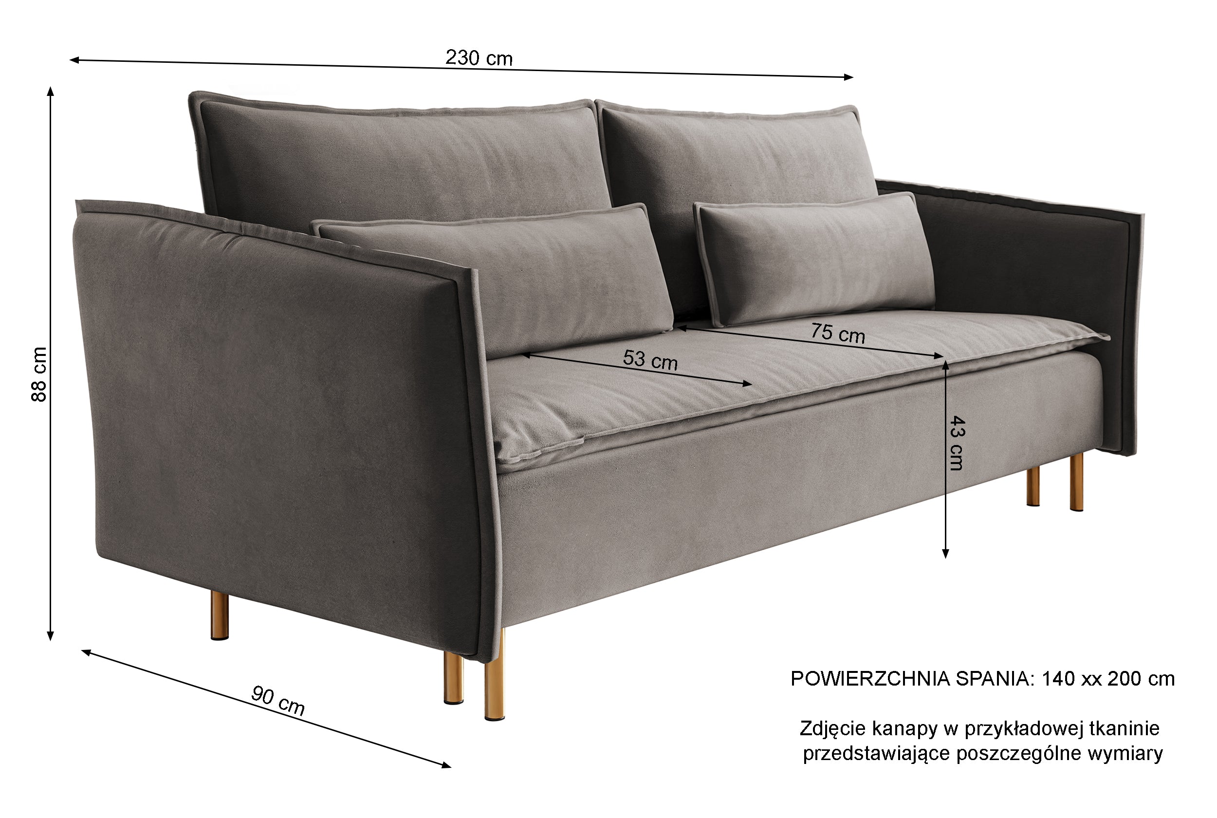 Drei-Sitzer-Schlafsofa Ummo mit Stauraum, cremefarbener Veloursstoff, wasserabweisend, goldene Beine