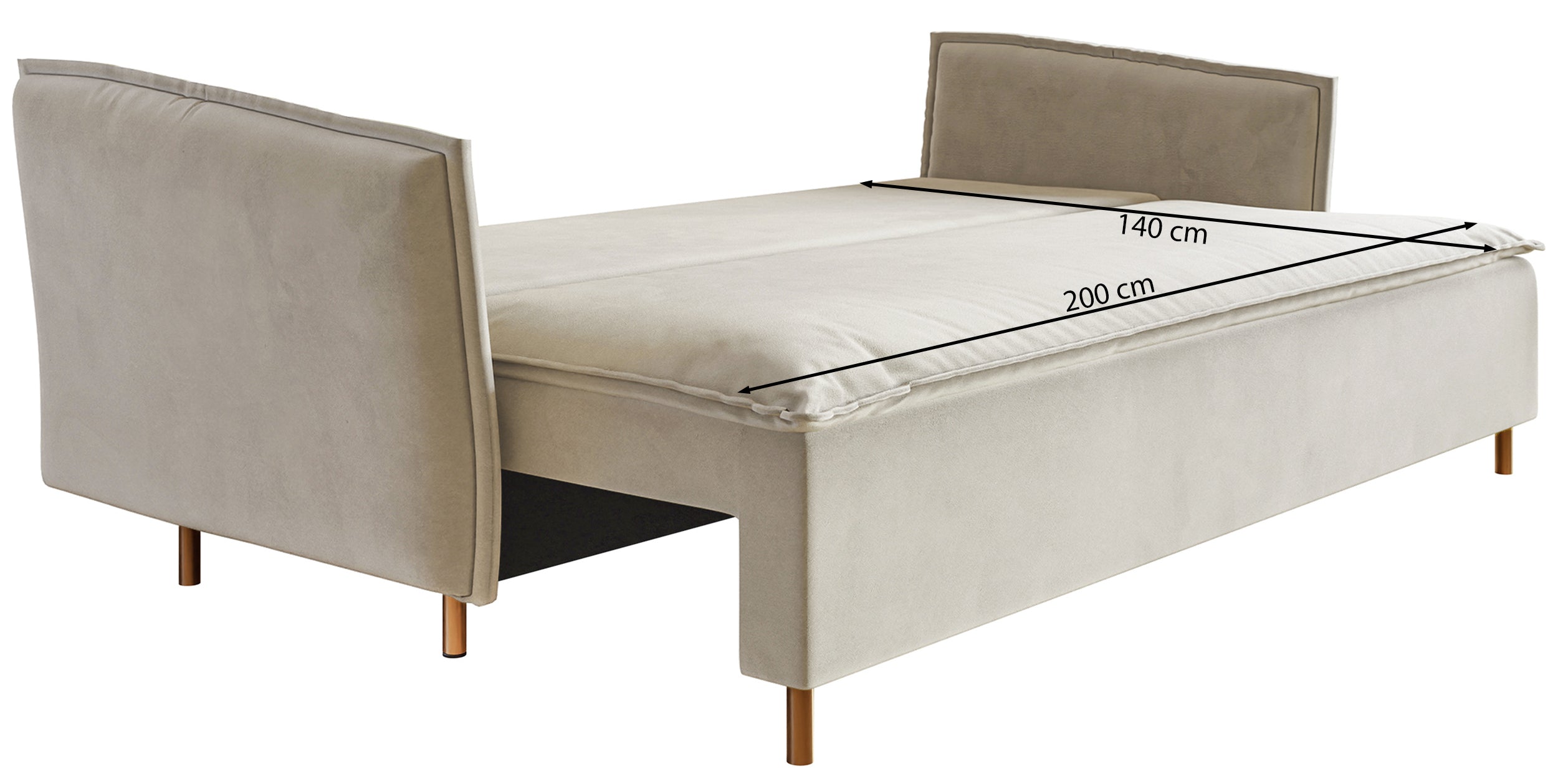 Drei-Sitzer-Schlafsofa Ummo mit Stauraum, schwarzer hydrophober Samt, goldene Beine