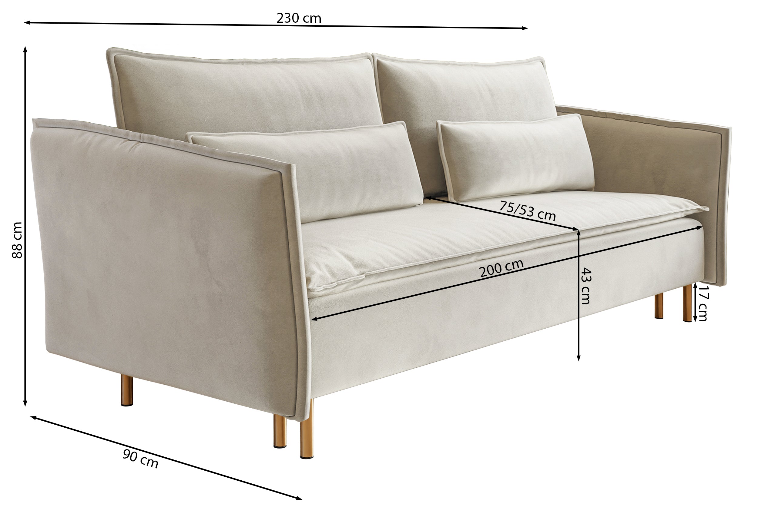 Drei-Sitzer-Schlafsofa Ummo mit Stauraum, schwarzer hydrophober Samt, goldene Beine