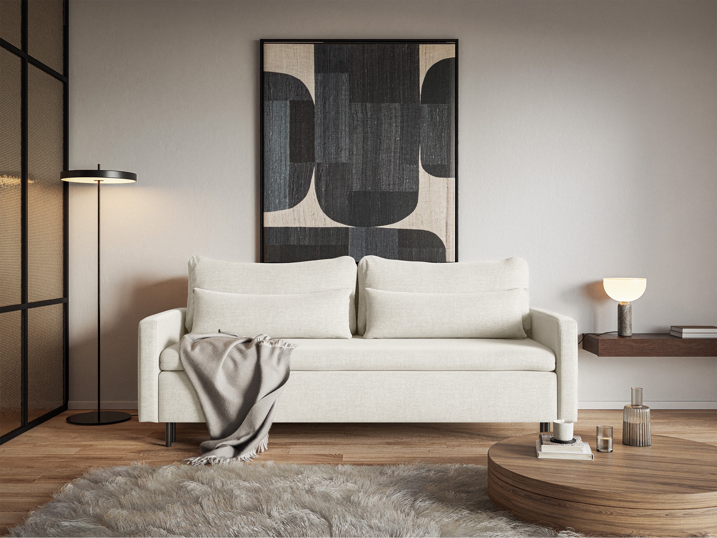 Dreisitziges ausklappbares Sofa Umpro mit Stauraum, cremefarbenes Chenille