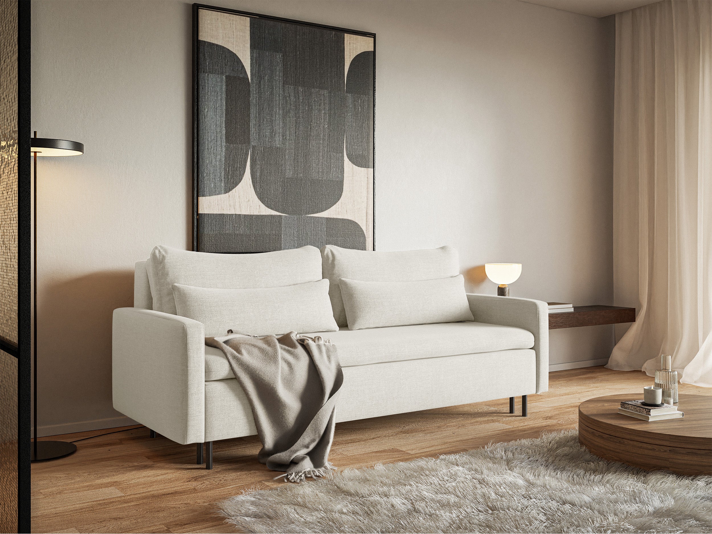 Dreisitziges ausklappbares Sofa Umpro mit Stauraum, cremefarbenes Chenille
