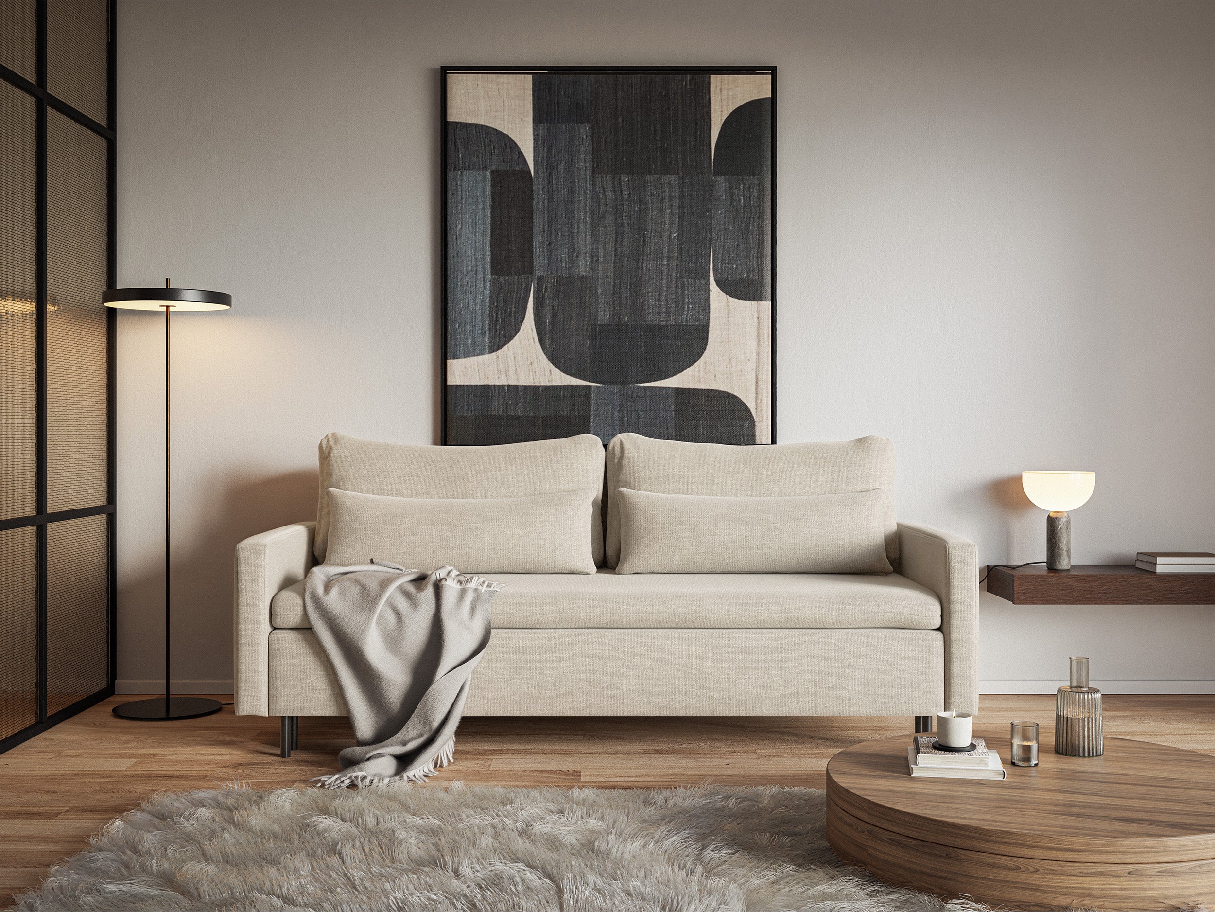 Dreisitziges ausklappbares Sofa Umpro mit Stauraum, hellbeige Chenille