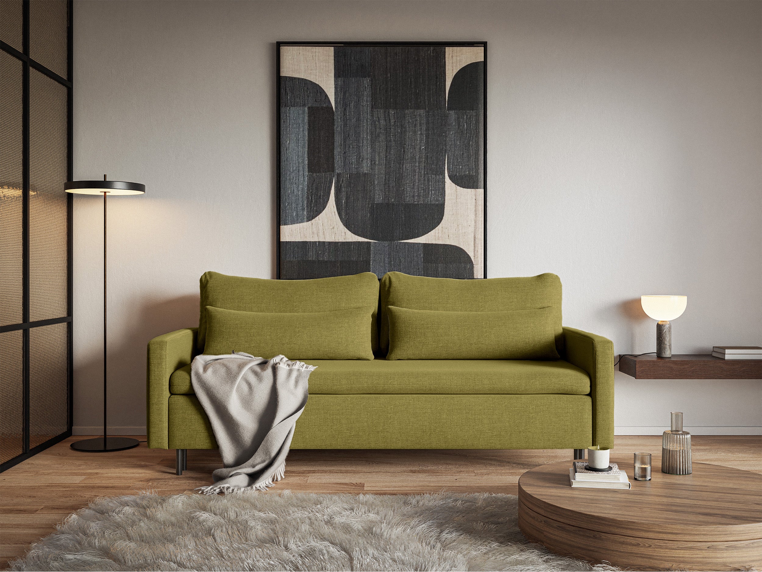 Dreisitziges ausklappbares Sofa Umpro mit Stauraum, olivgrüner Chenille-Bezug