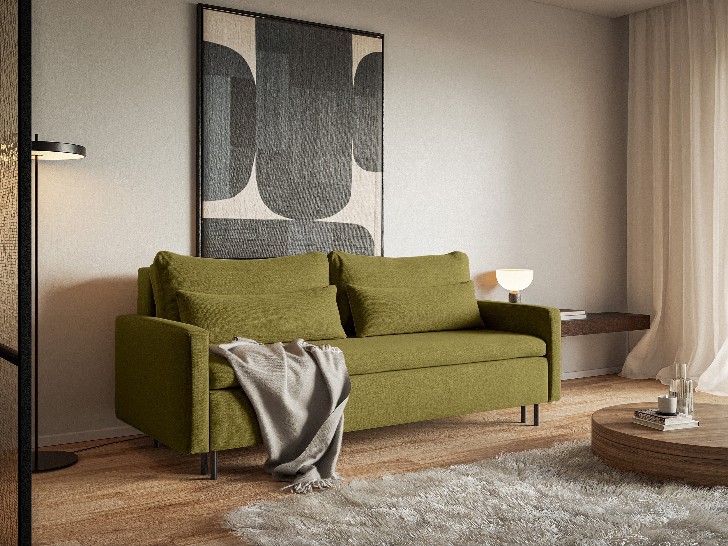 Dreisitziges ausklappbares Sofa Umpro mit Stauraum, olivgrüner Chenille-Bezug