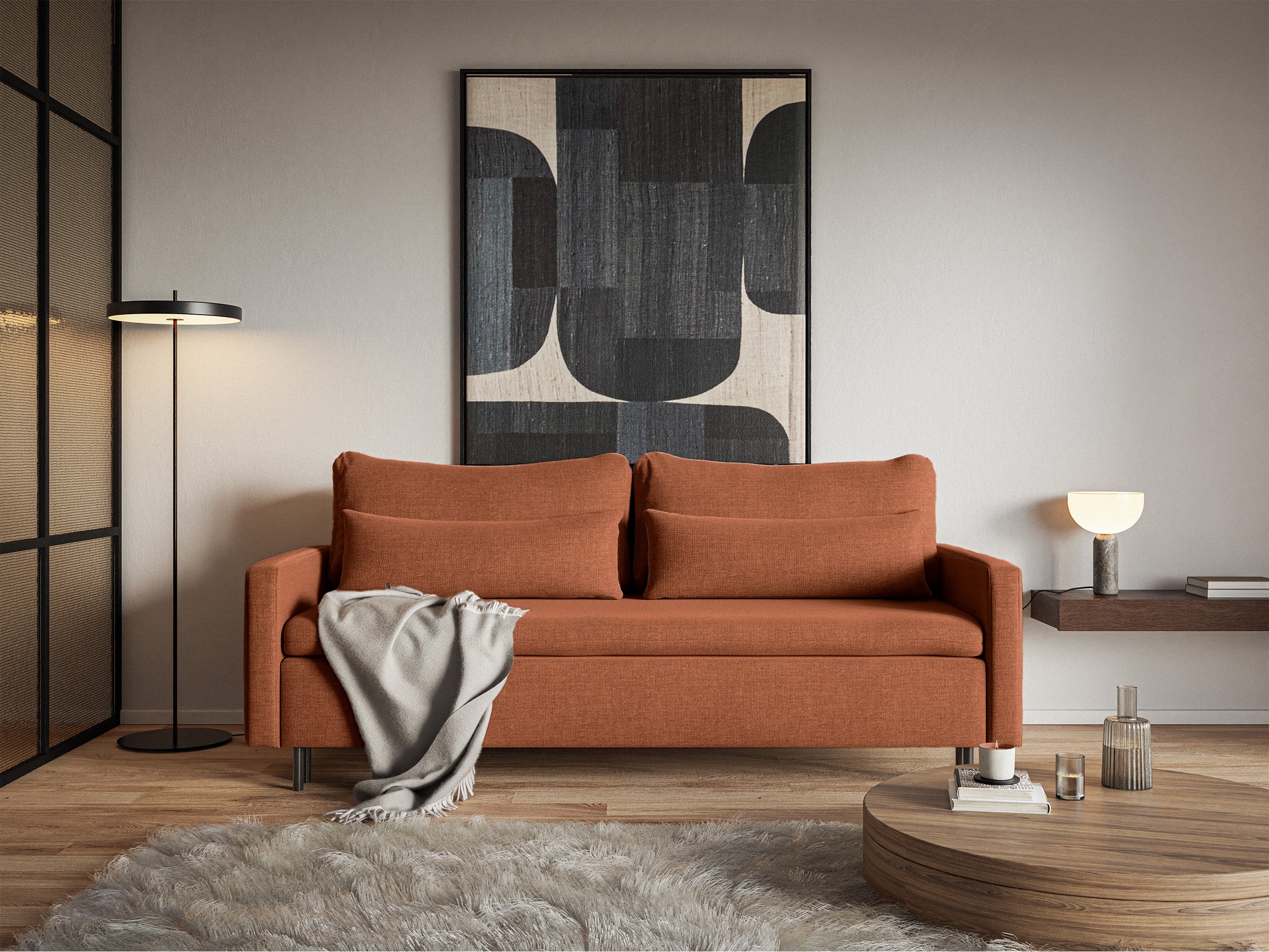 Dreisitziges ausklappbares Sofa Umpro mit Stauraum, kupferfarbener Chenille