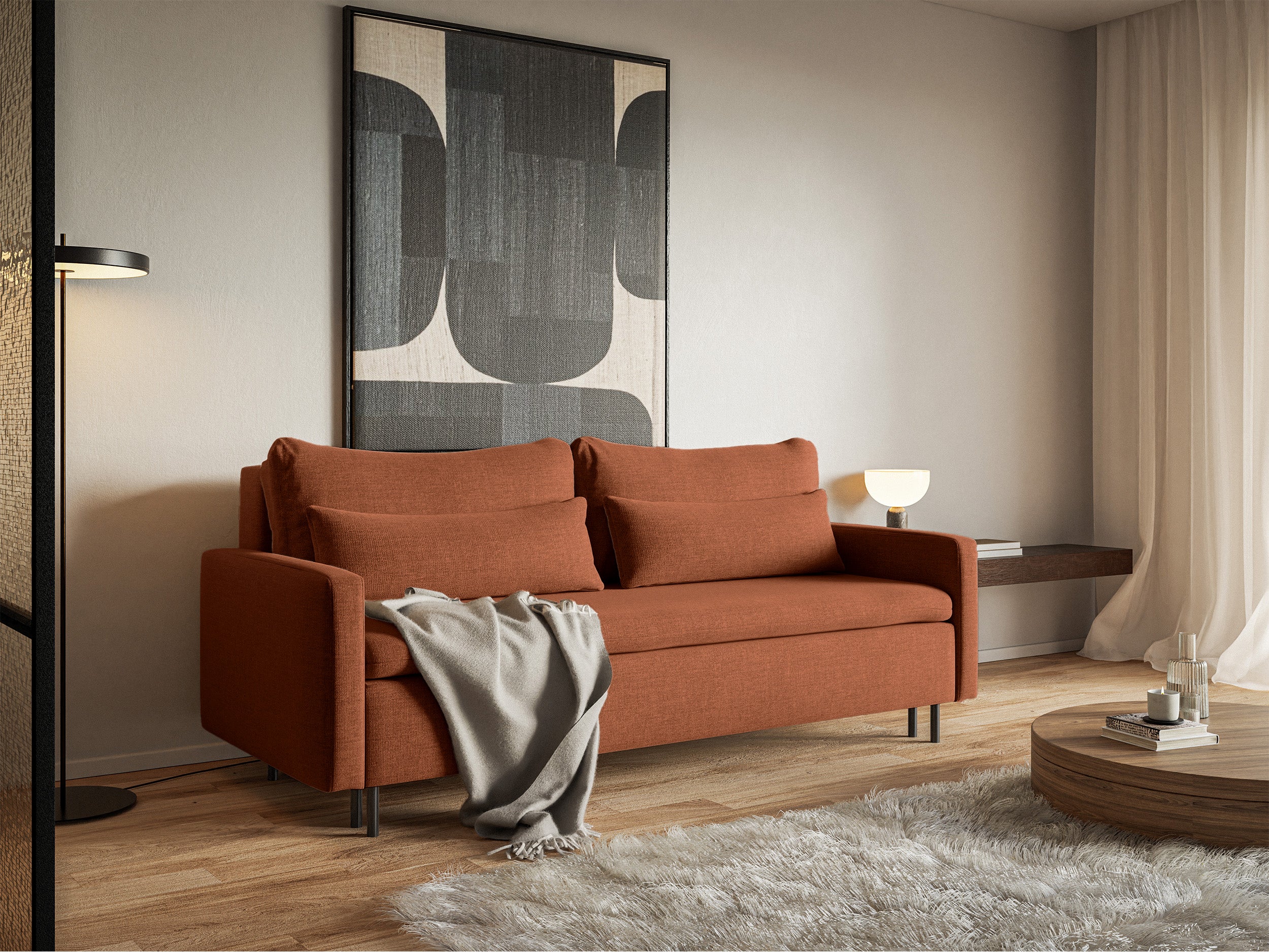 Dreisitziges ausklappbares Sofa Umpro mit Stauraum, kupferfarbener Chenille