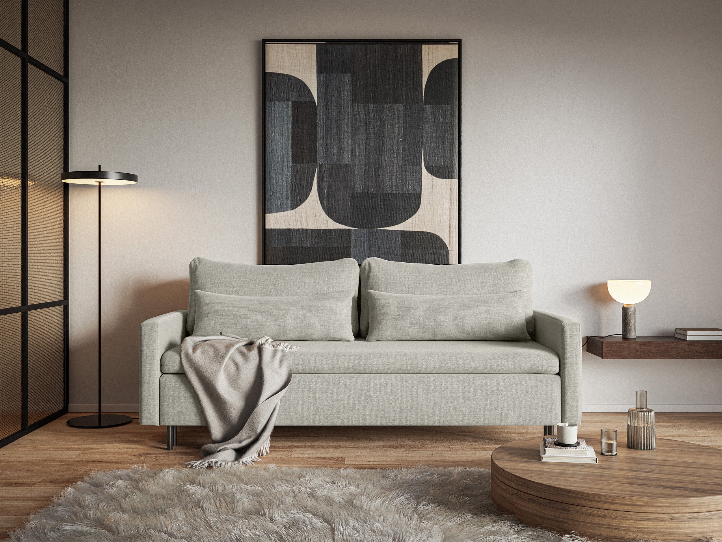 Dreisitziges ausklappbares Sofa Umpro mit Stauraum, grau-beige Chenille