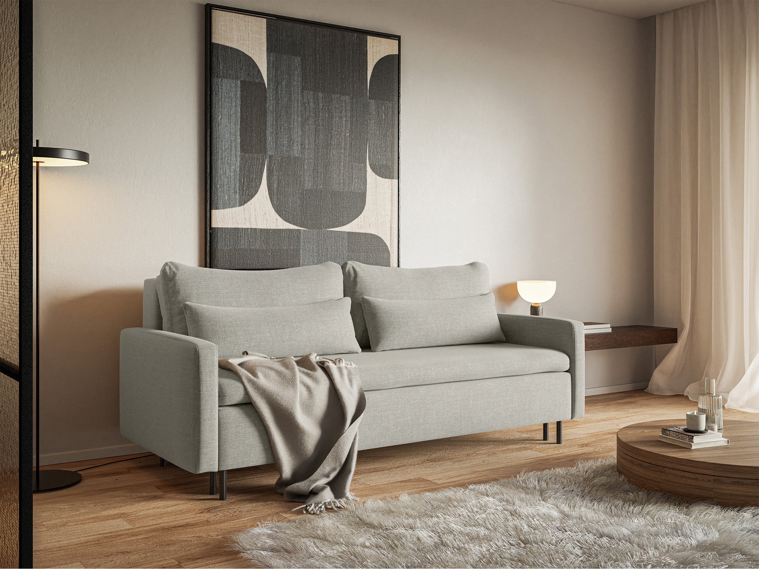 Dreisitziges ausklappbares Sofa Umpro mit Stauraum, grau-beige Chenille