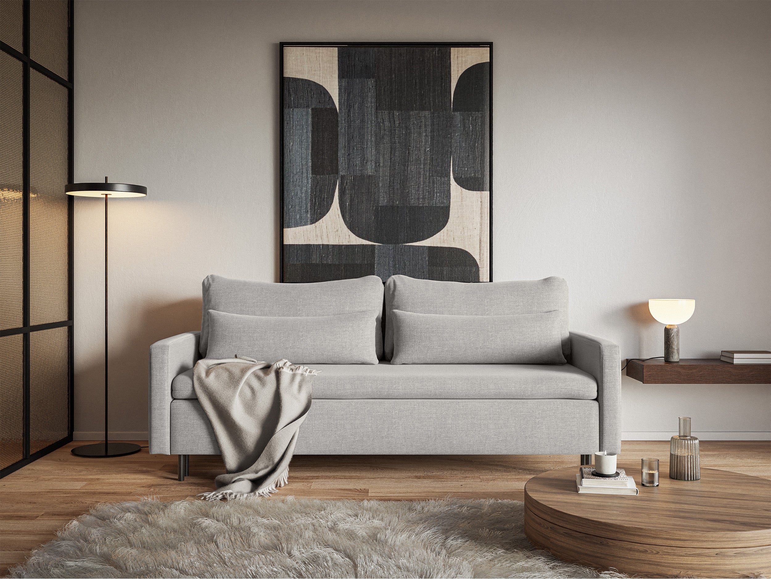 Dreisitziges ausklappbares Sofa Umpro mit Stauraum, grauer Chenille-Bezug