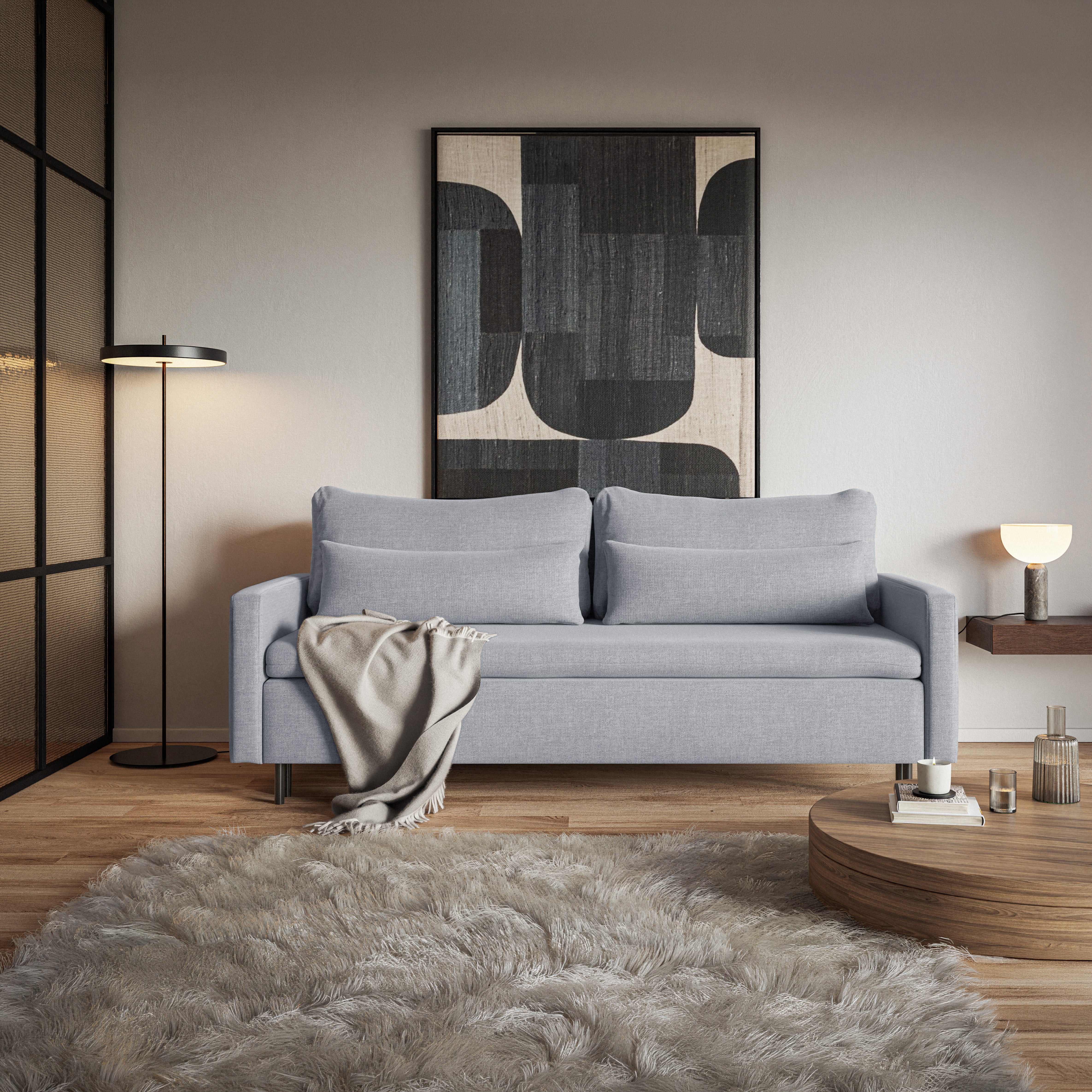 Dreisitziges ausklappbares Sofa Umpro mit Stauraum, grauer, pflegeleichter Chenille-Stoff