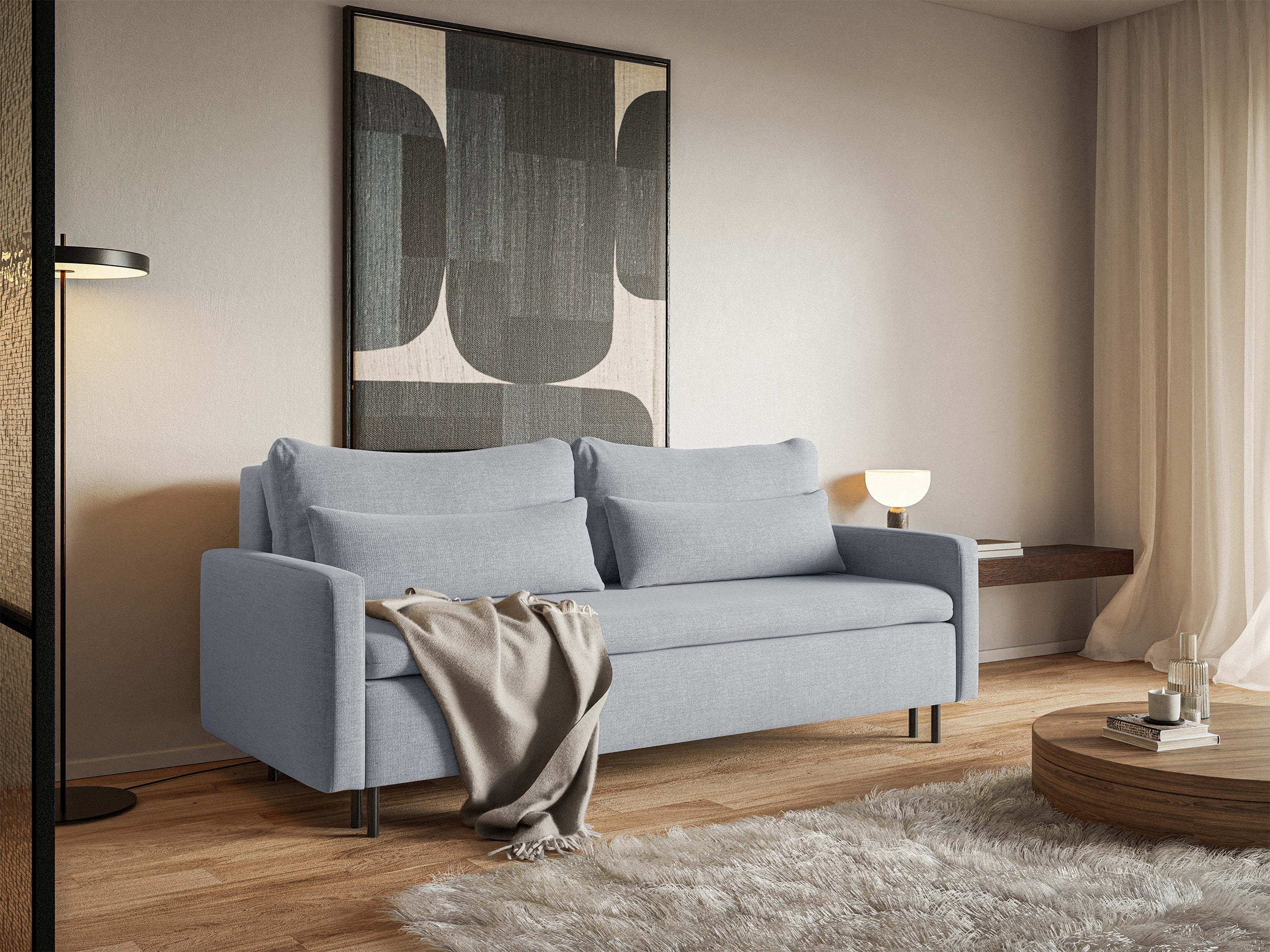 Dreisitziges ausklappbares Sofa Umpro mit Stauraum, grauer, pflegeleichter Chenille-Stoff
