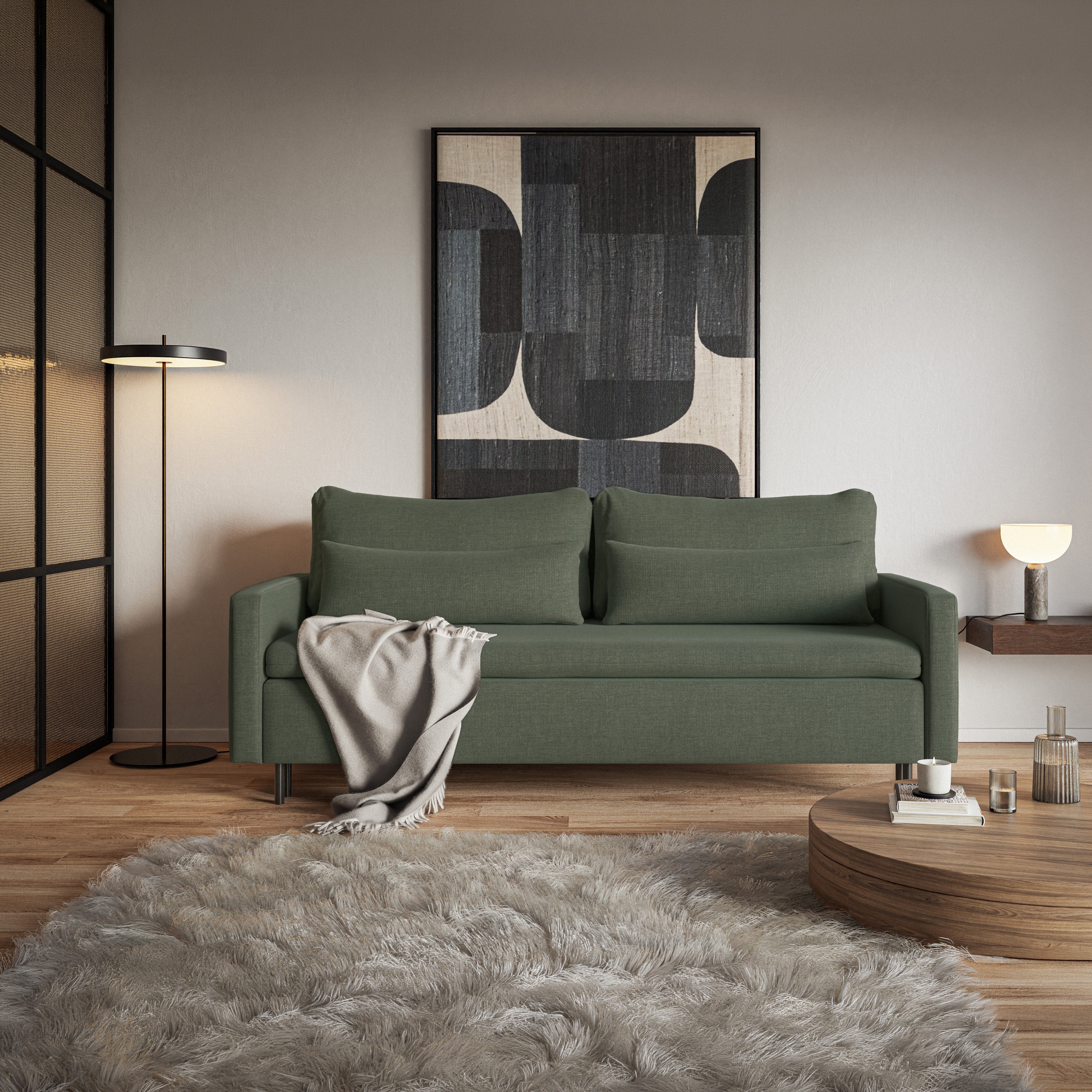 Dreisitziges ausklappbares Sofa Umpro mit Stauraum, dunkelgrüner Chenille, leicht zu reinigen
