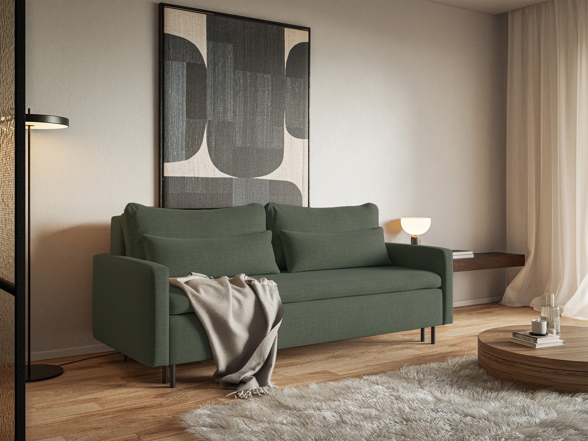 Dreisitziges ausklappbares Sofa Umpro mit Stauraum, dunkelgrüner Chenille, leicht zu reinigen