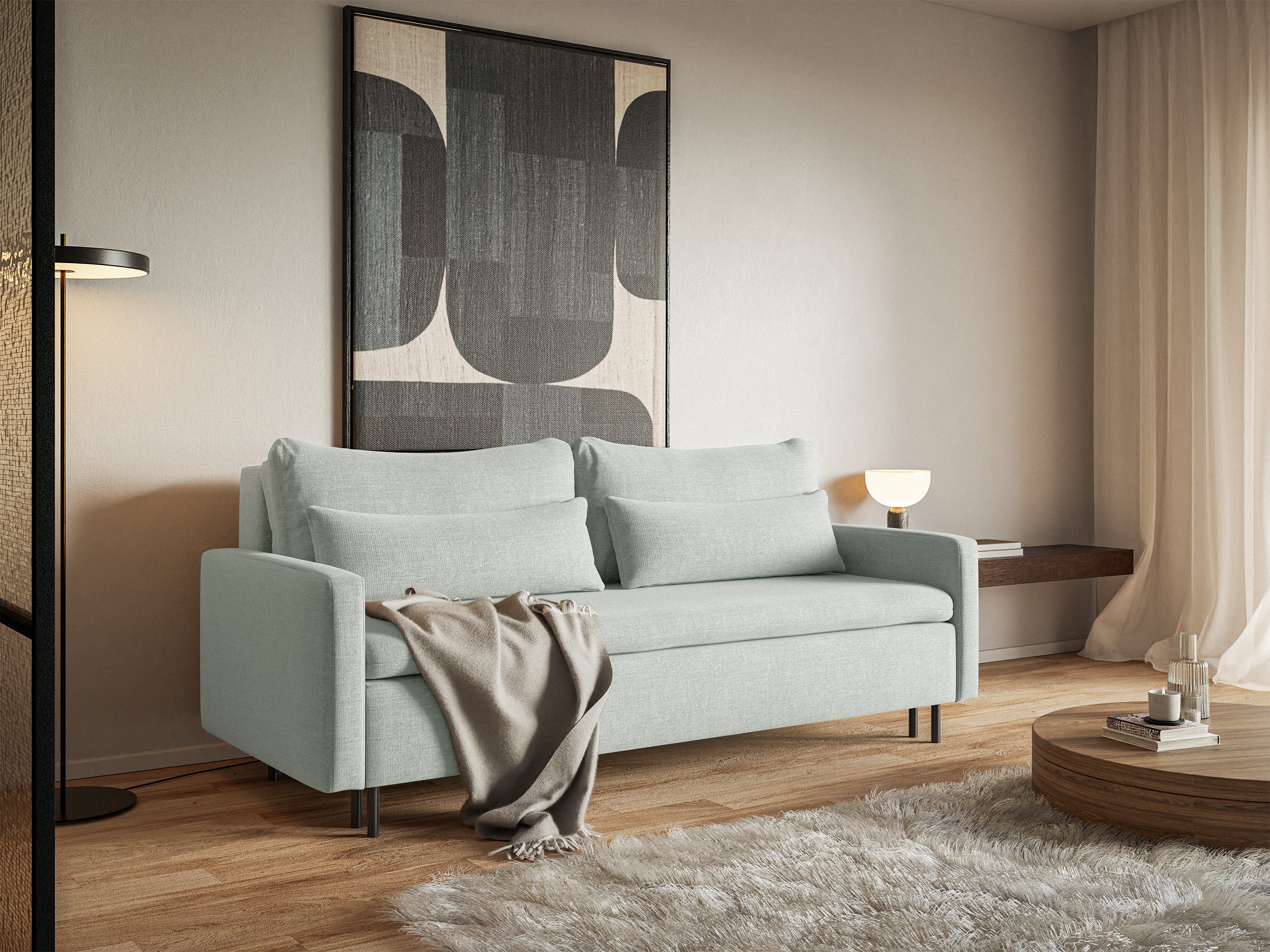 Dreisitziges ausklappbares Sofa Umpro mit Stauraum, minzgrüner Chenille, leicht zu reinigen