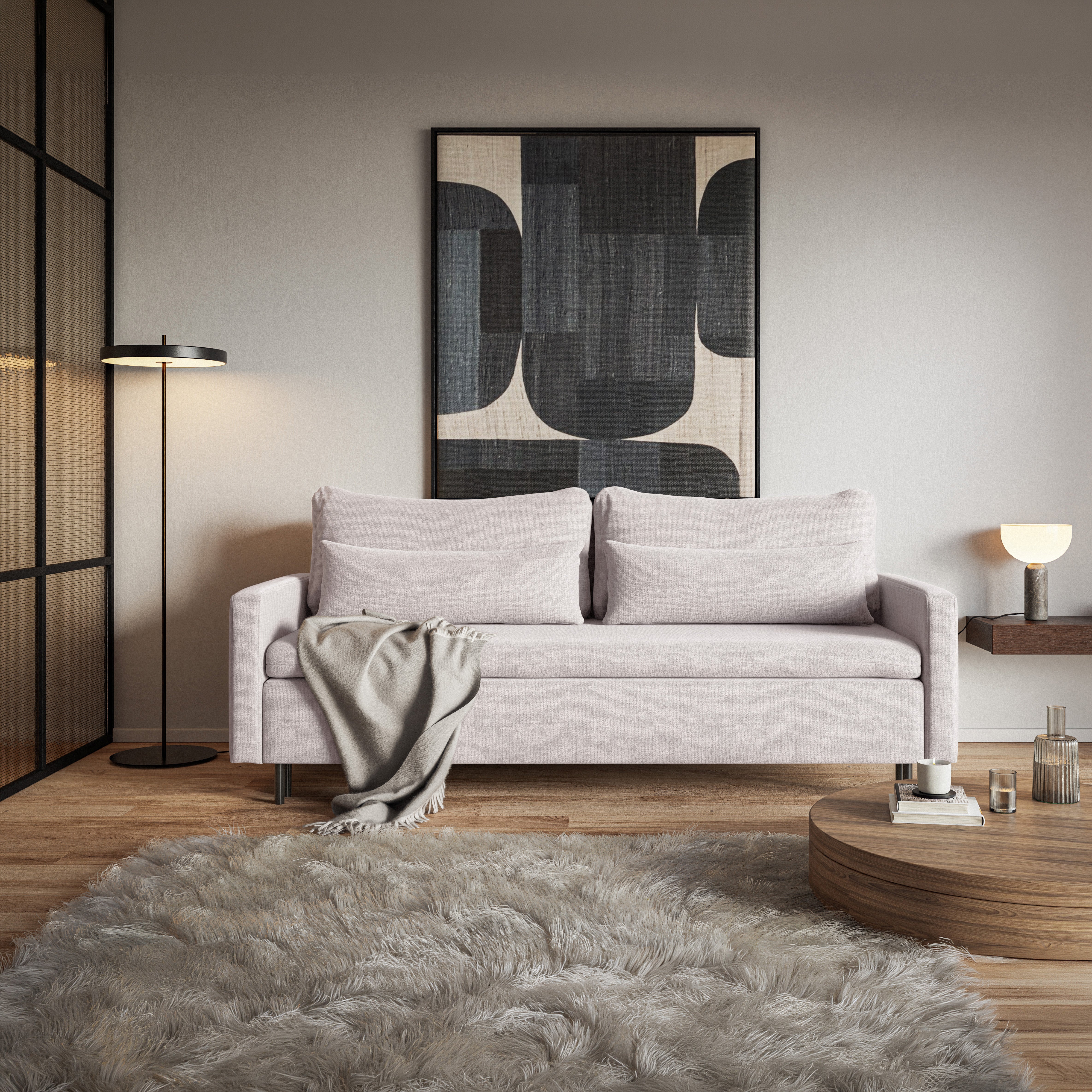 Dreisitziges Klappsofa Umpro mit Stauraum, hellbeiger Chenille-Stoff, leicht zu reinigen