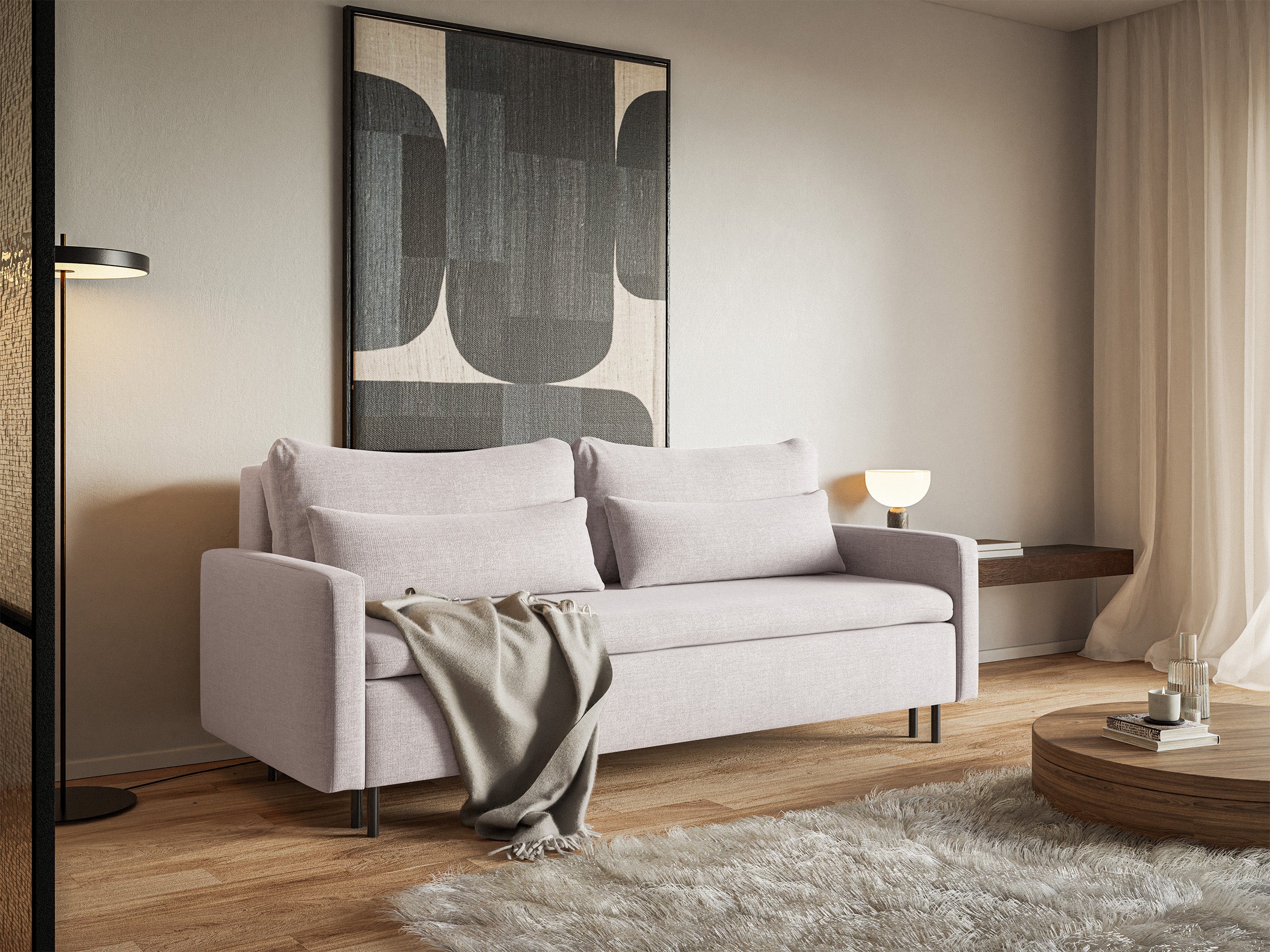 Dreisitziges Klappsofa Umpro mit Stauraum, hellbeiger Chenille-Stoff, leicht zu reinigen