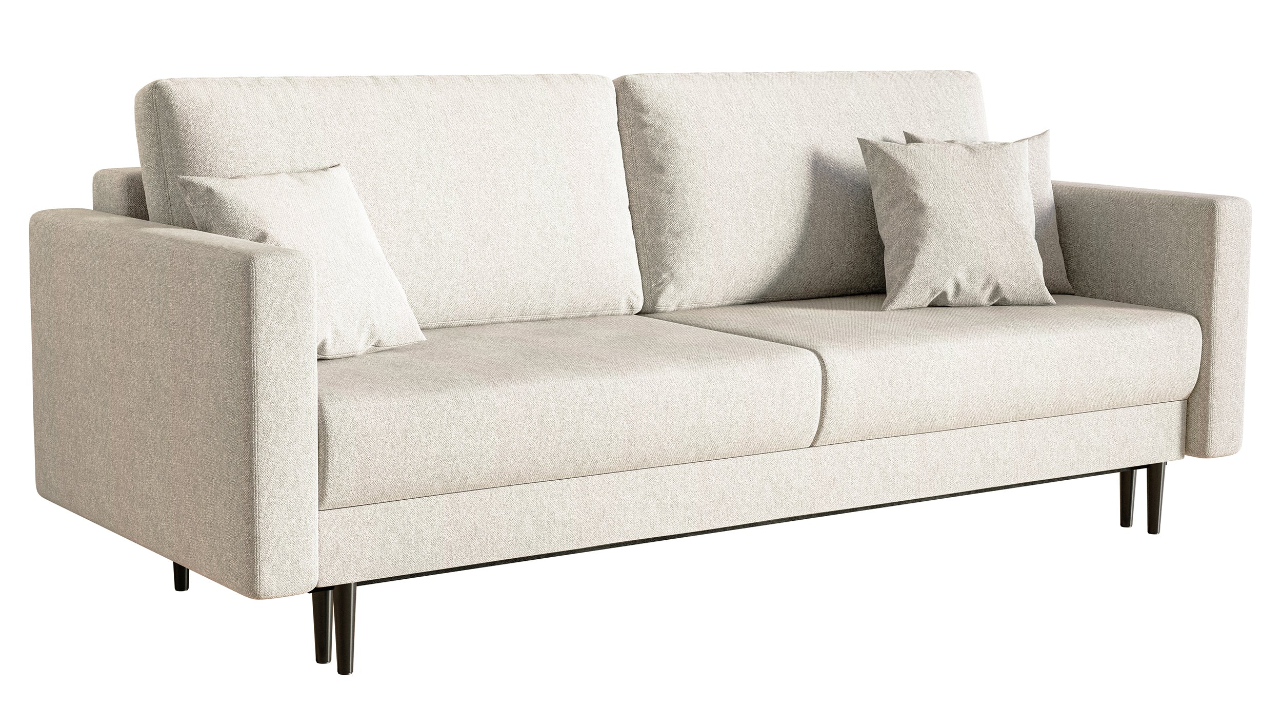 Dreisitziges ausklappbares Sofa Valico in Cremefarbe aus leicht zu reinigendem Chenille-Stoff mit schwarzen Beinen