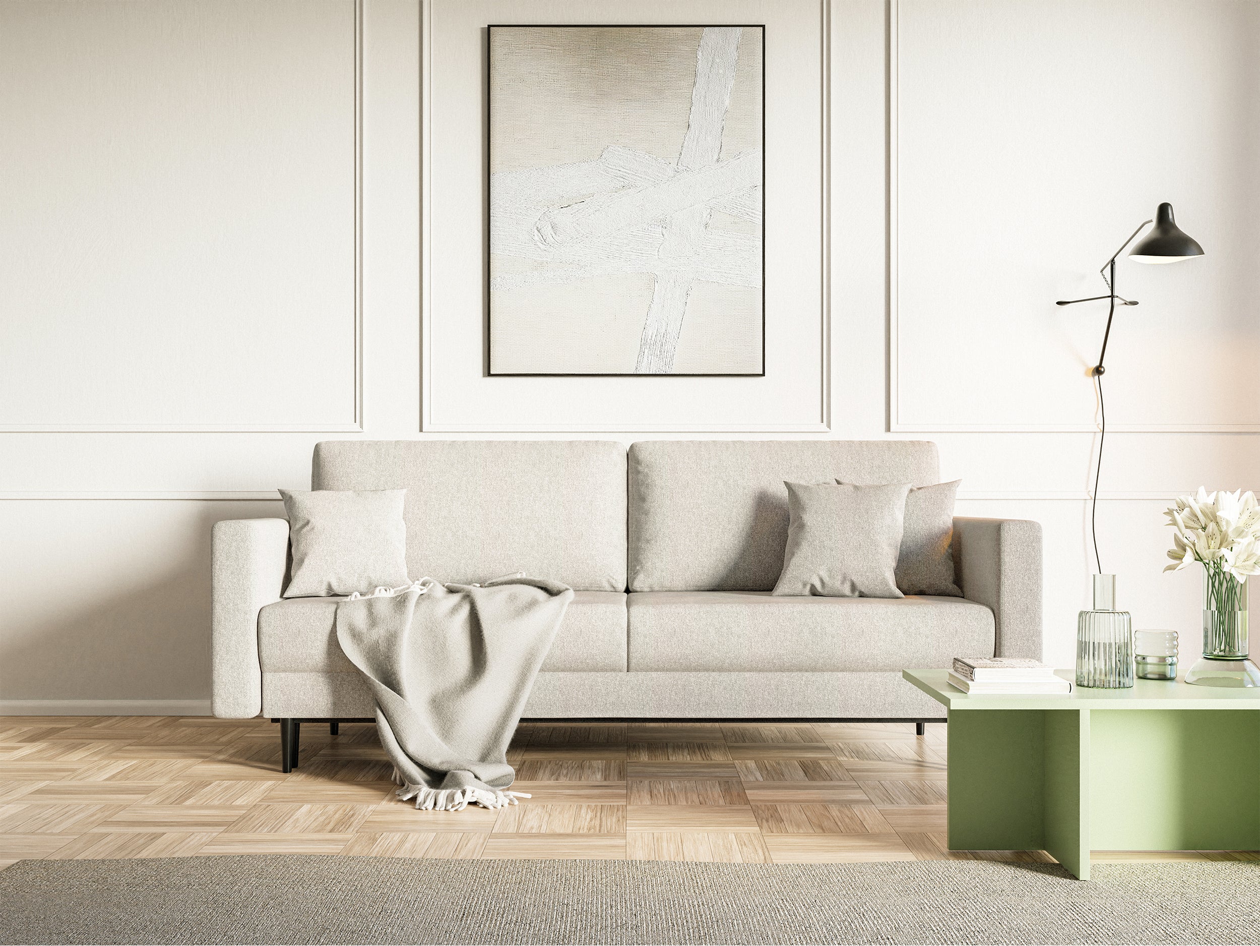 Dreisitziges ausklappbares Sofa Valico in Cremefarbe aus leicht zu reinigendem Chenille-Stoff mit schwarzen Beinen