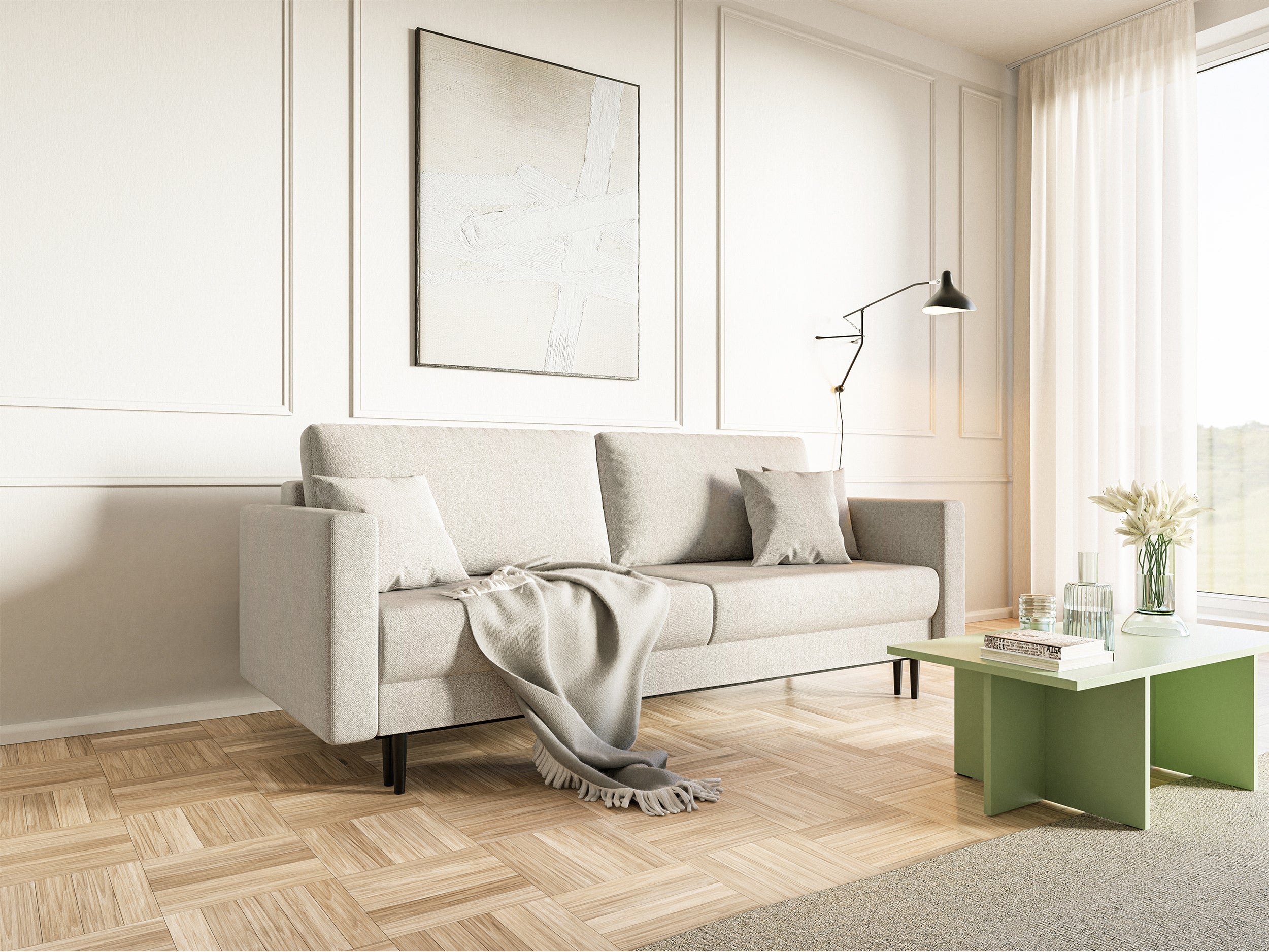 Dreisitziges ausklappbares Sofa Valico in Cremefarbe aus leicht zu reinigendem Chenille-Stoff mit schwarzen Beinen