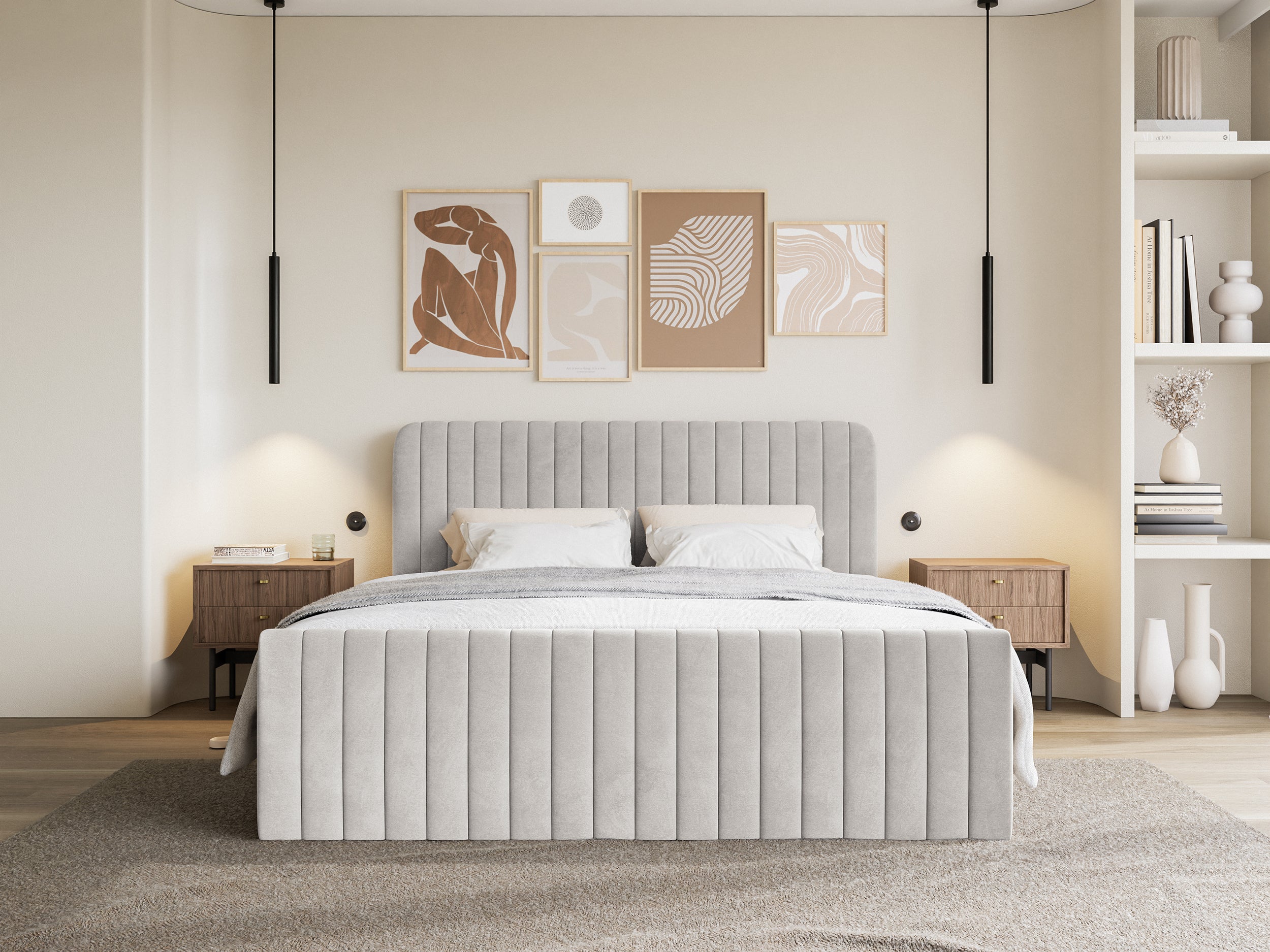 Kontinentales Bett 160x200 cm Saliano mit Stauraum und Topper, grau-beiger Samt