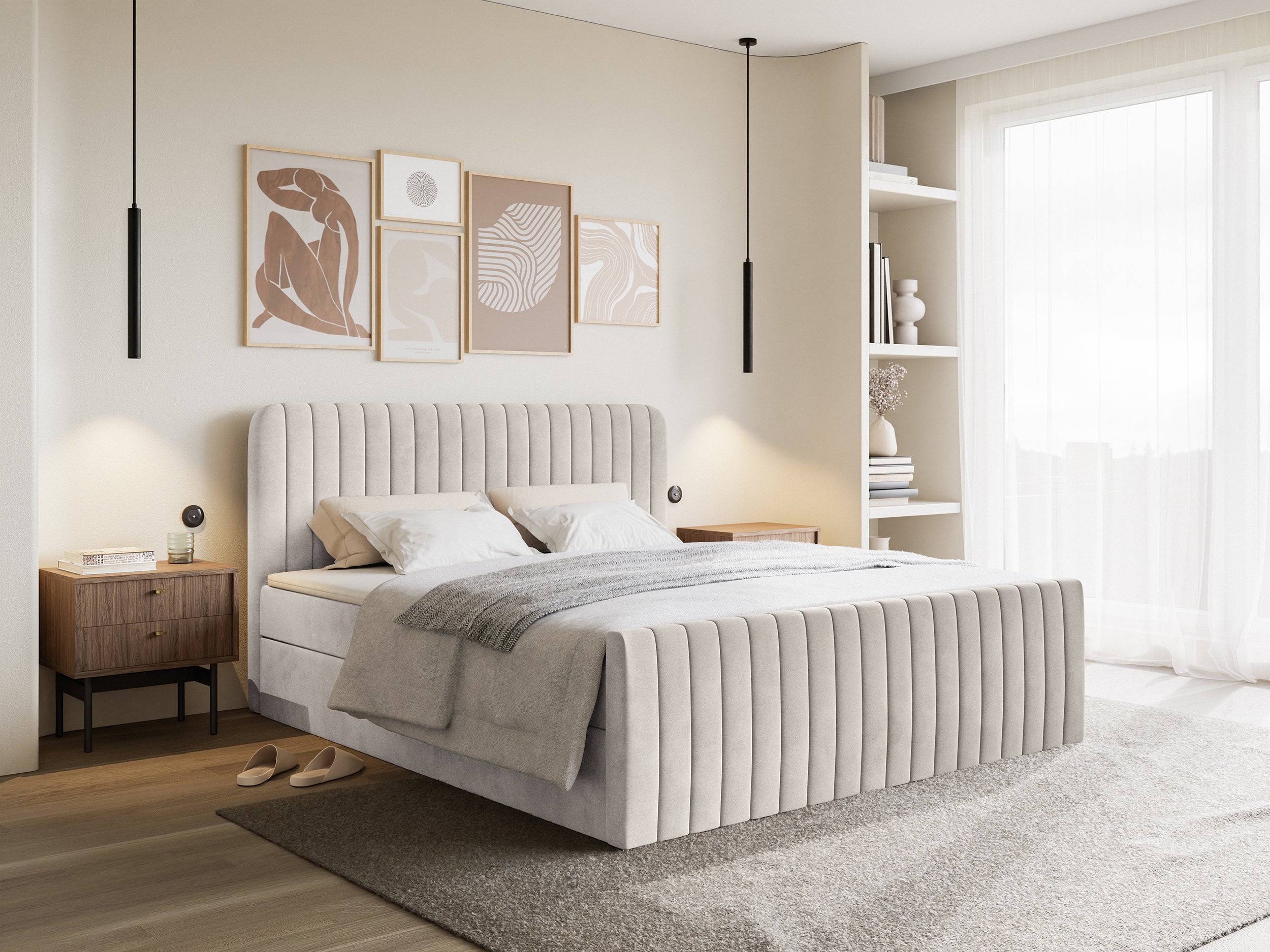 Kontinentales Bett 200x200 cm Saliano mit Stauraum und Topper, beige Samt