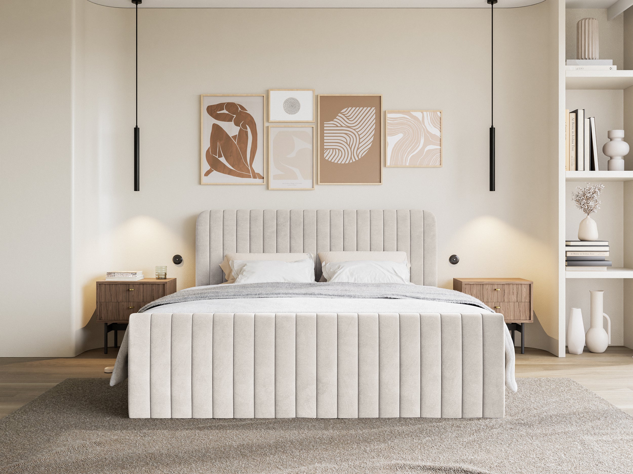 Kontinentales Bett 200x200 cm Saliano mit Stauraum und Topper, beige Samt