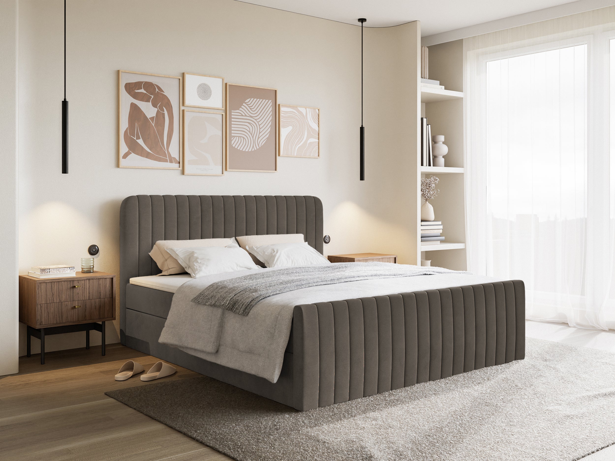 Kontinentalbett 140x200 cm Saliano mit Stauraum und Topper, brauner Samt