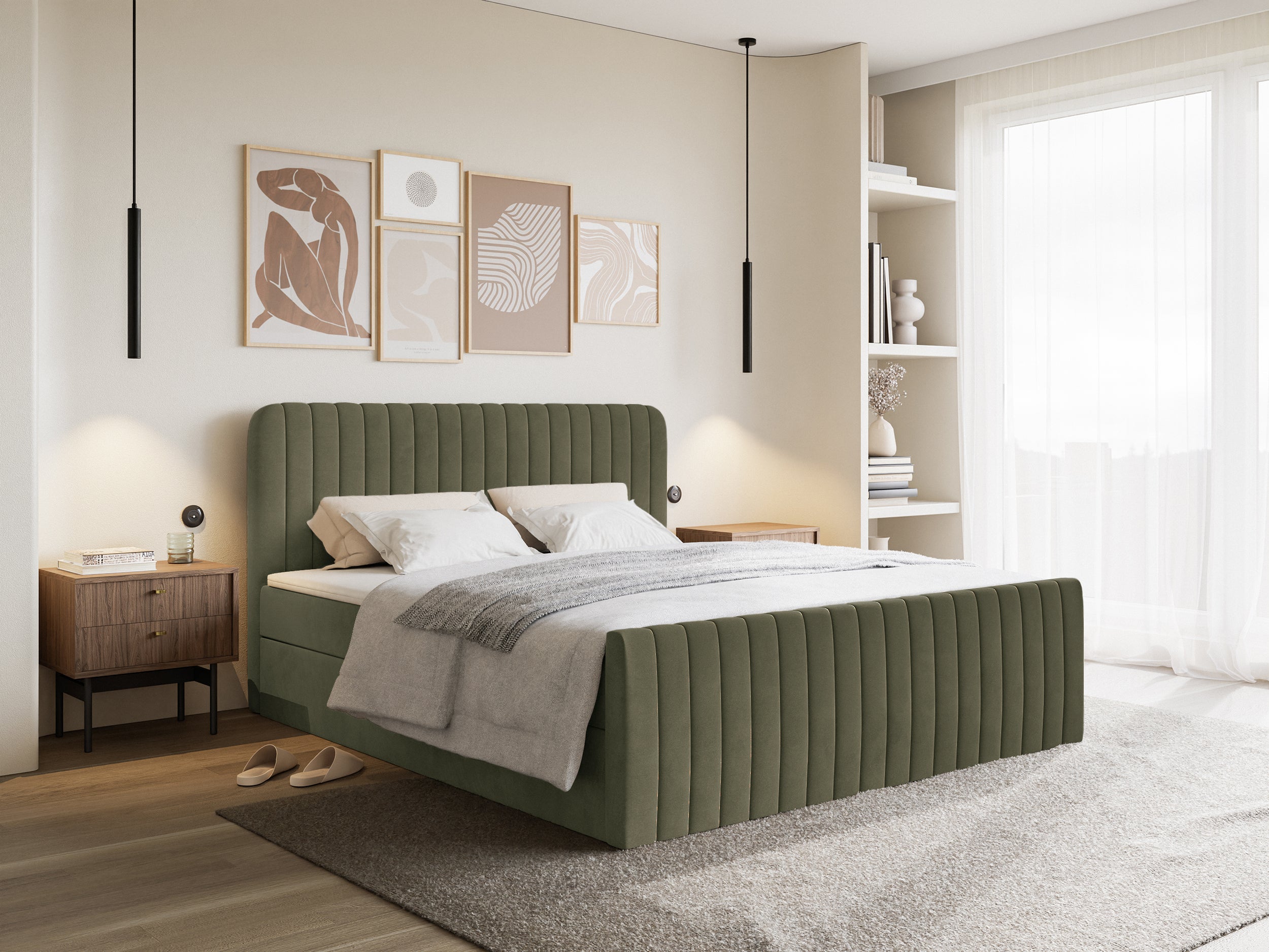 Kontinentales Bett 140x200 cm Saliano mit Stauraum und Topper, olivgrüner Samt