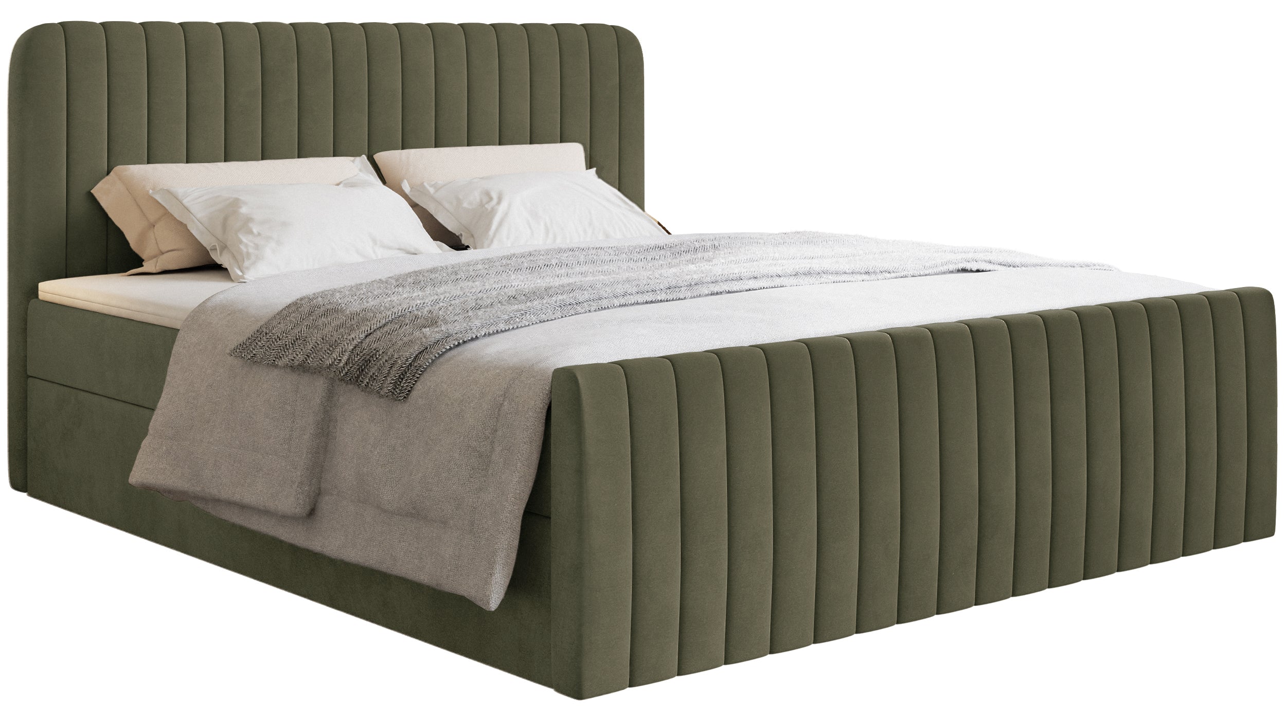 Kontinentales Bett 140x200 cm Saliano mit Stauraum und Topper, olivgrüner Samt