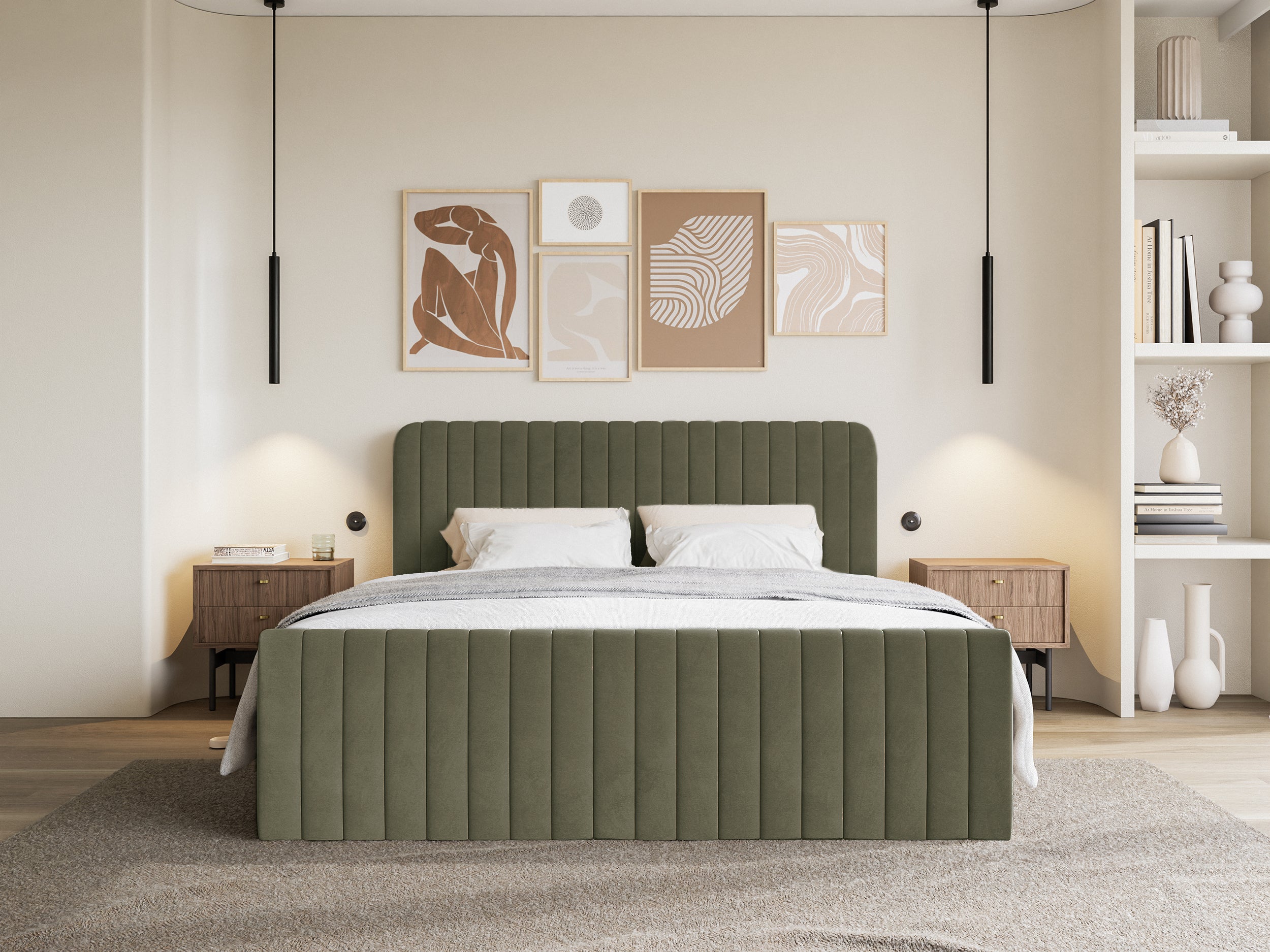 Kontinentales Bett 140x200 cm Saliano mit Stauraum und Topper, olivgrüner Samt