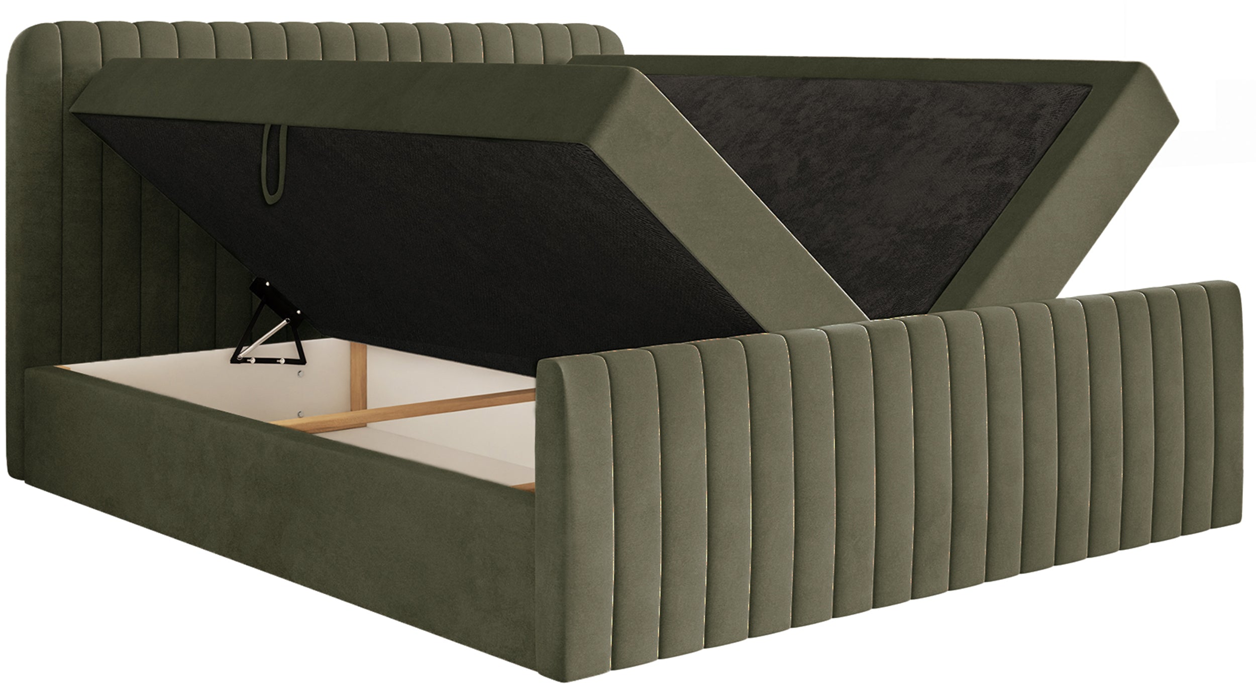Kontinentales Bett 140x200 cm Saliano mit Stauraum und Topper, olivgrüner Samt