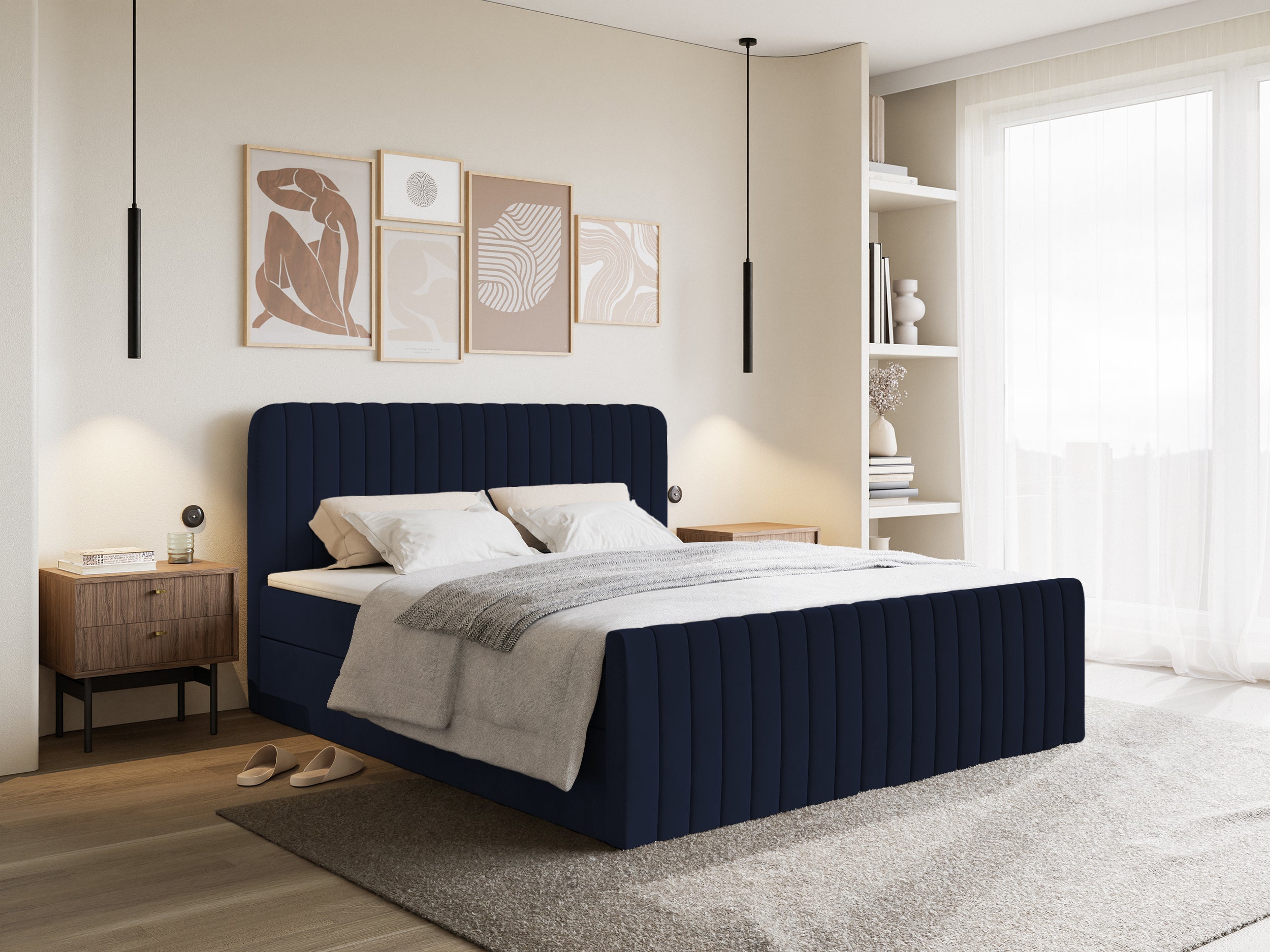 Kontinentales Bett 180x200 cm Saliano mit Stauraum und Topper, Samt in Marineblau