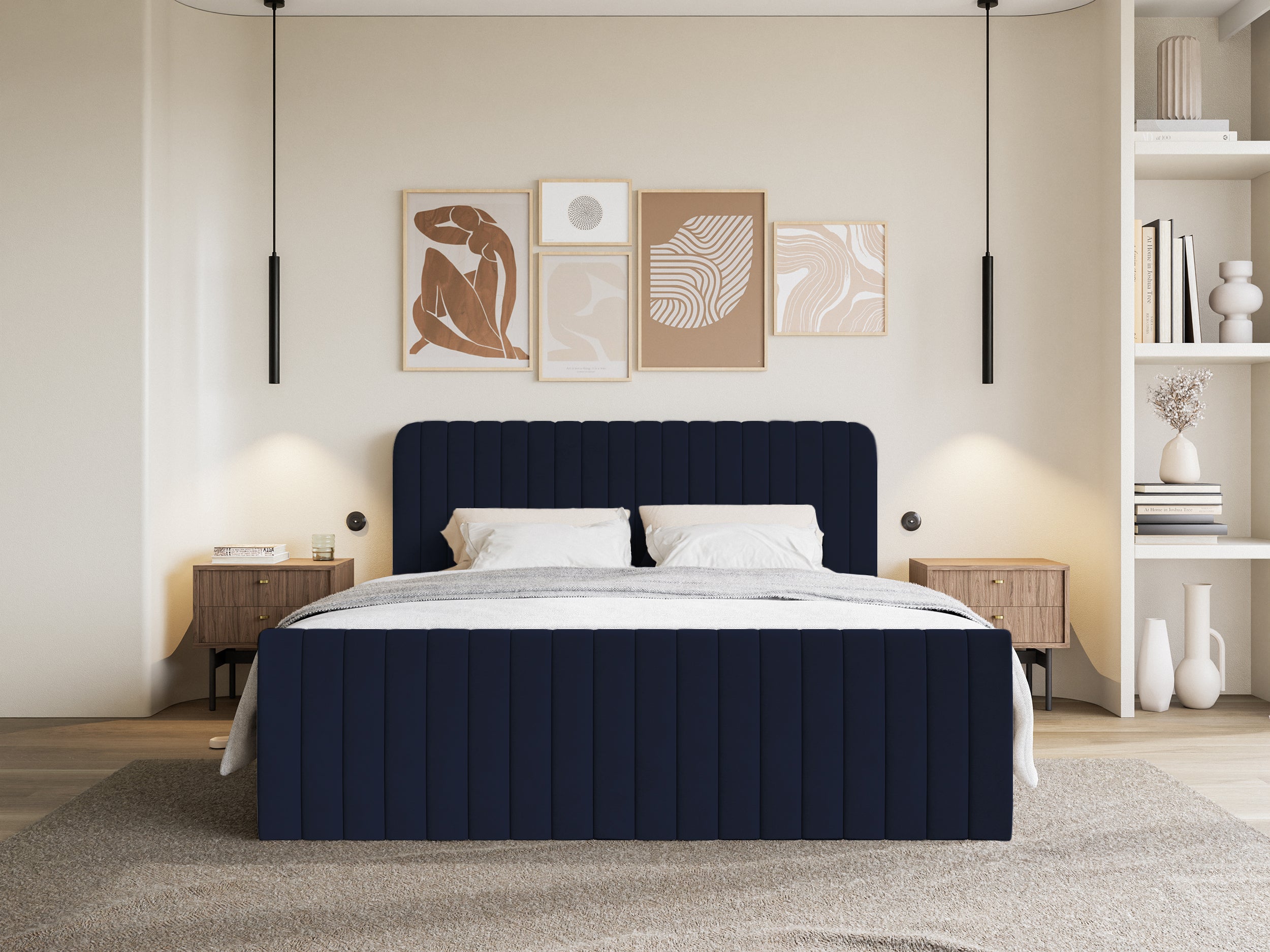 Kontinentales Bett 180x200 cm Saliano mit Stauraum und Topper, Samt in Marineblau