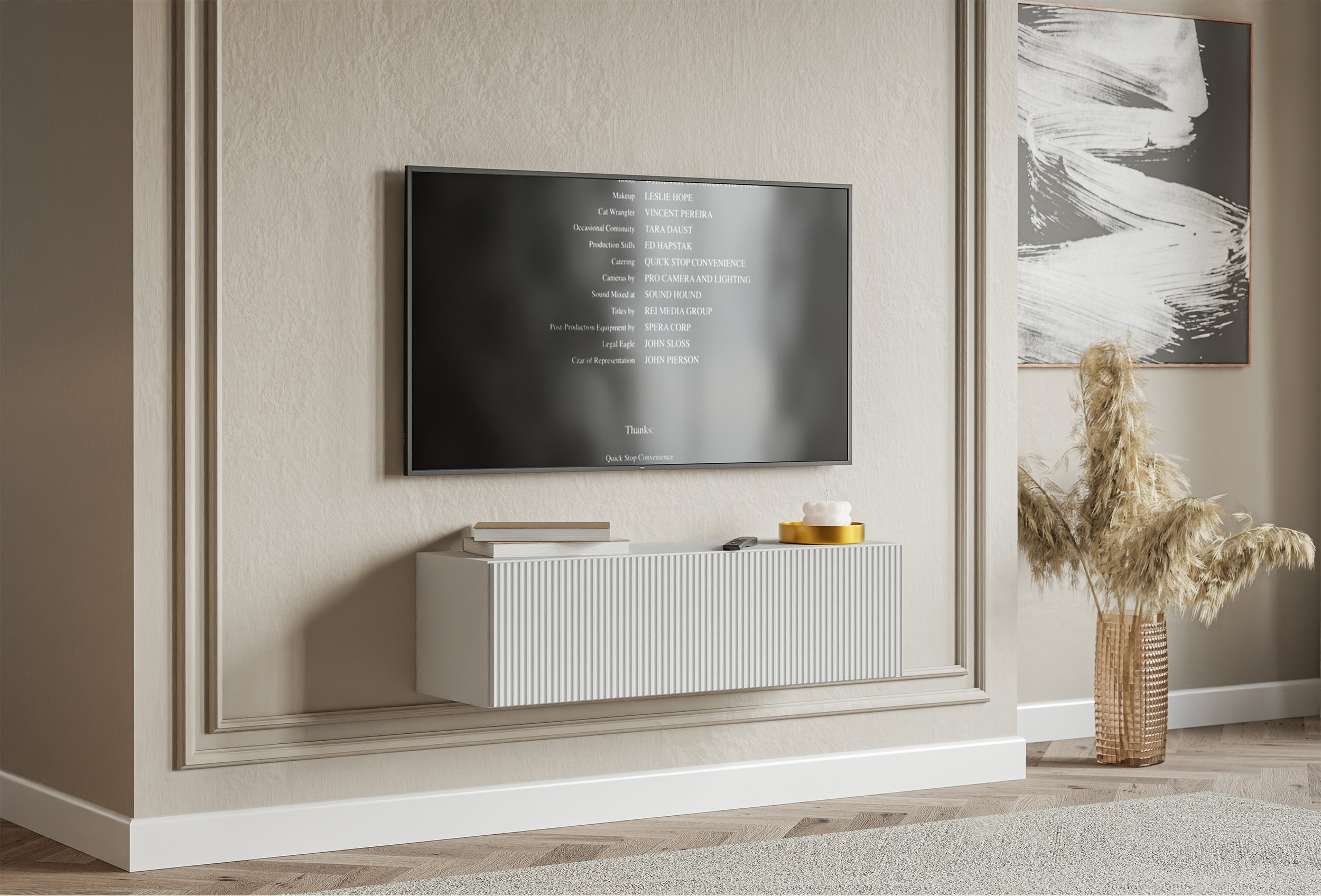 Hängender einflügeliger TV-Schrank Veldio mit geriffelter Front, 100 cm, weiß