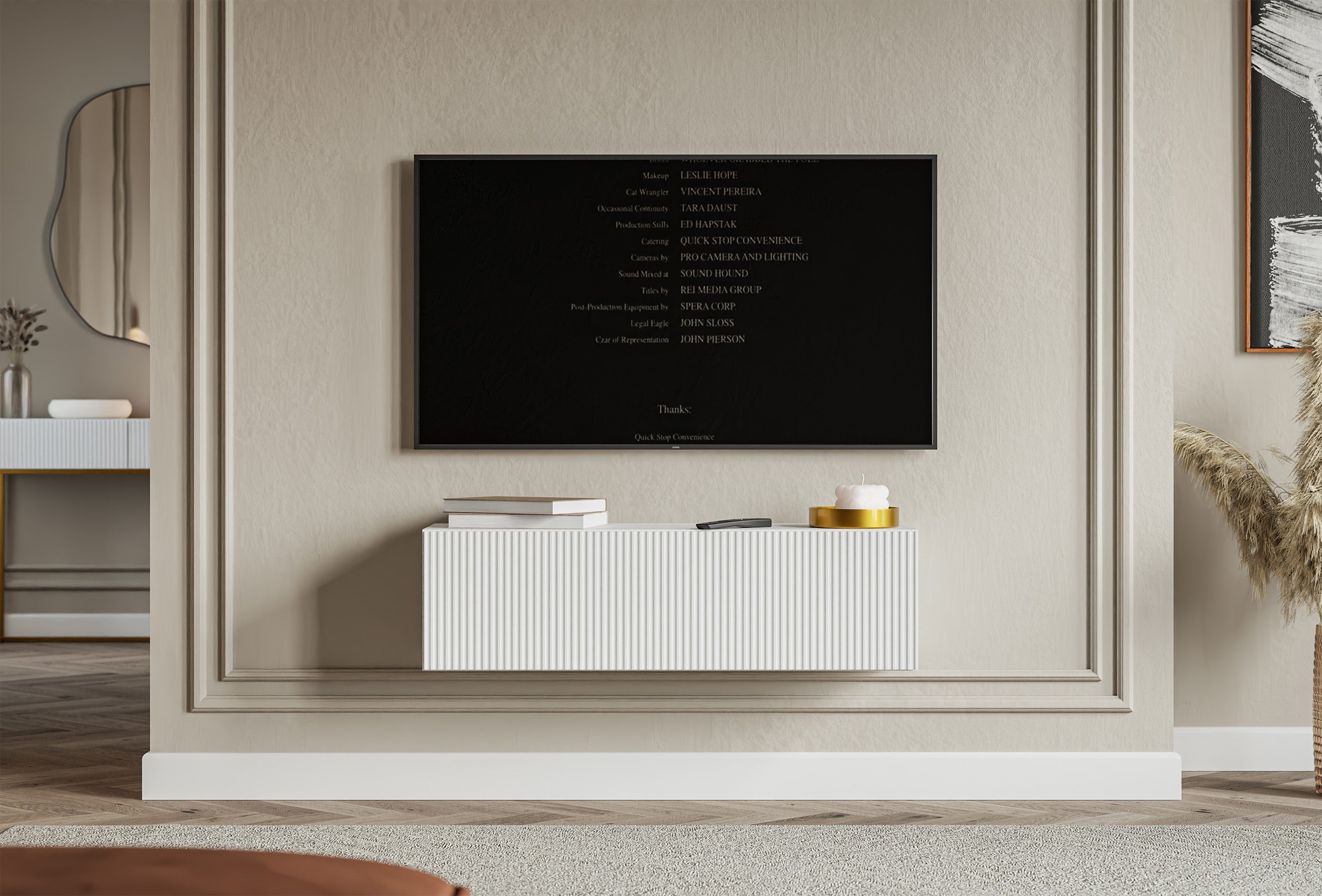 Hängender einflügeliger TV-Schrank Veldio mit geriffelter Front, 100 cm, weiß