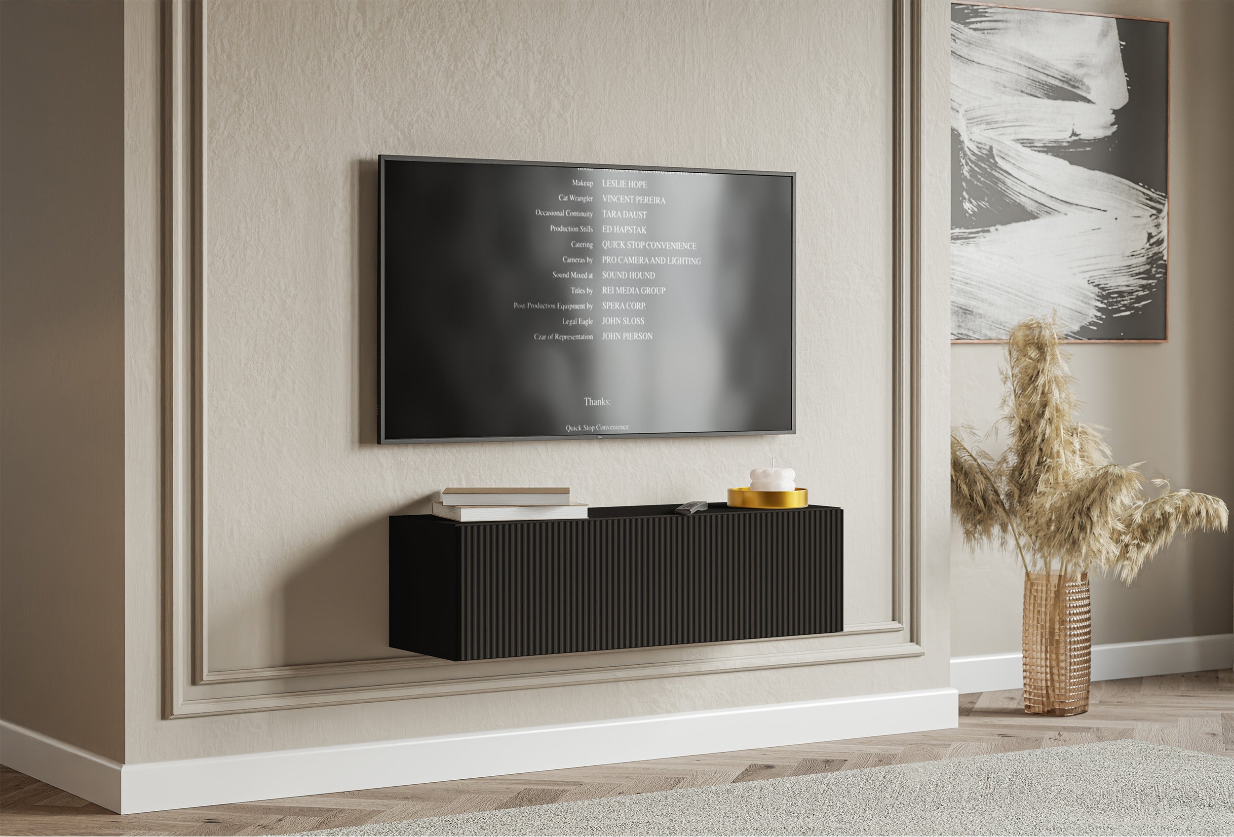Hängender RTV-Schrank Veldio mit einer Tür, gerillte Front, 100 cm, schwarz