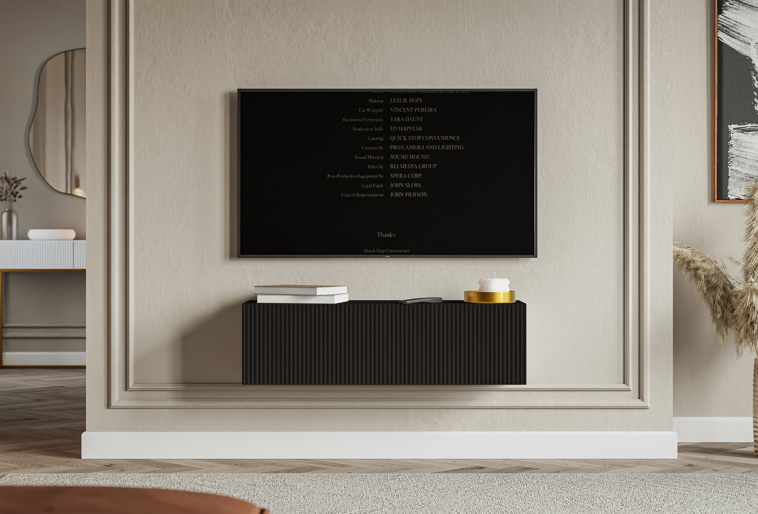 Hängender RTV-Schrank Veldio mit einer Tür, gerillte Front, 100 cm, schwarz