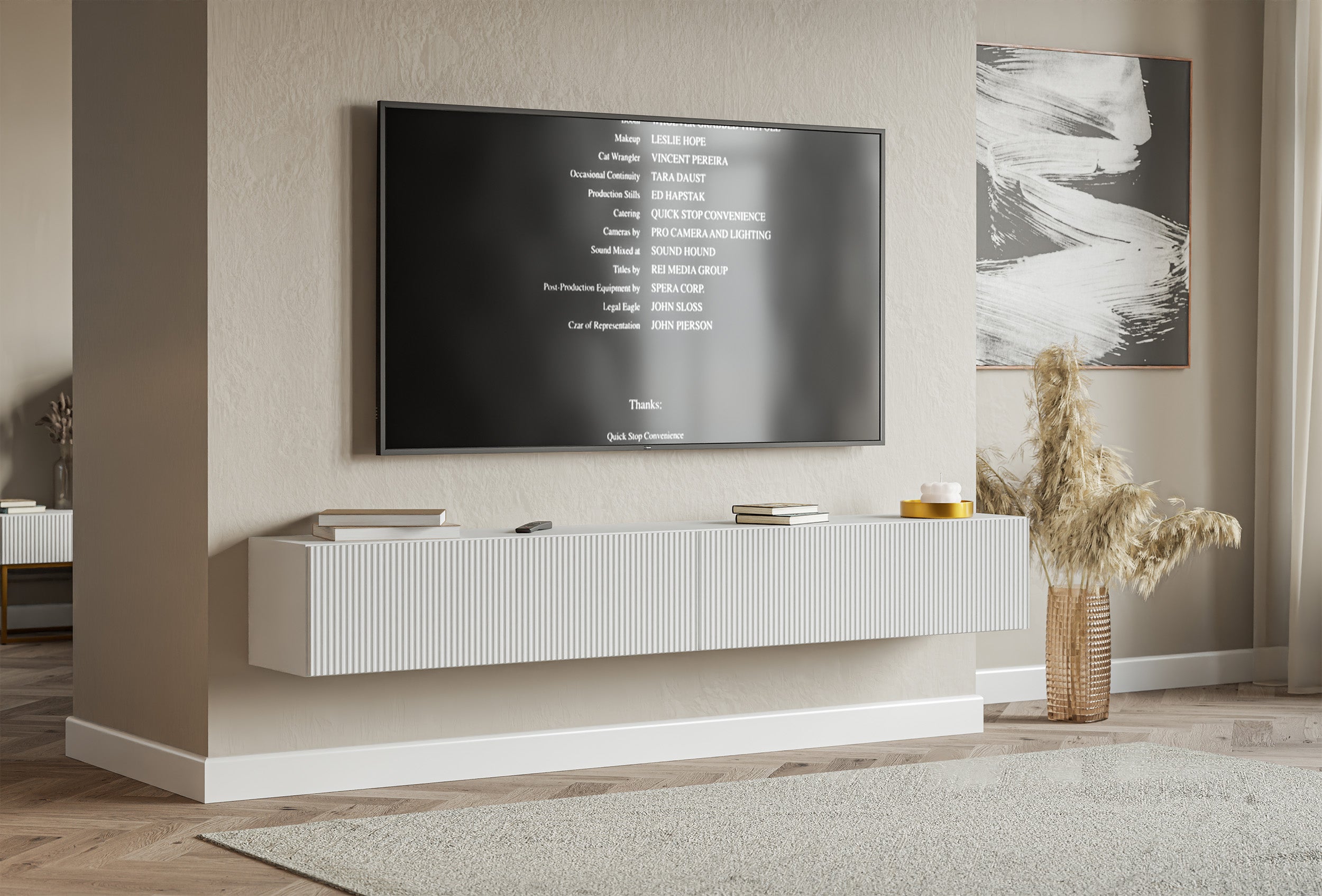 Hängender TV-Schrank Veldio mit zwei Türen und gerillter Front, 200 cm, weiß
