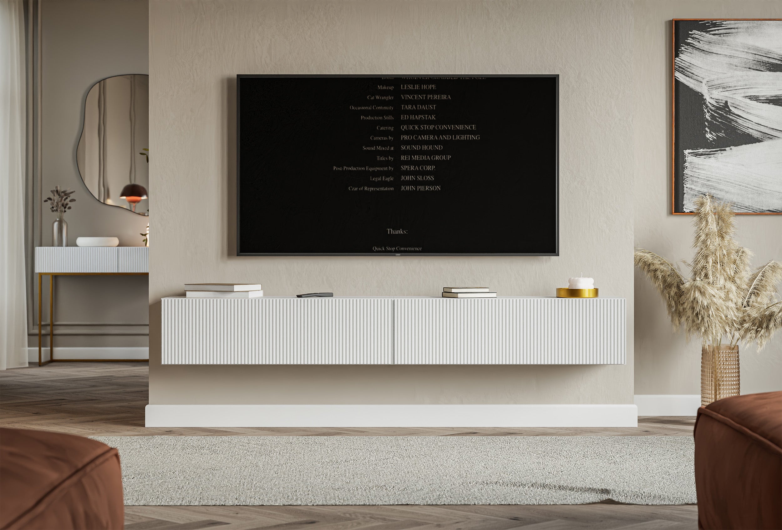 Hängender TV-Schrank Veldio mit zwei Türen und gerillter Front, 200 cm, weiß