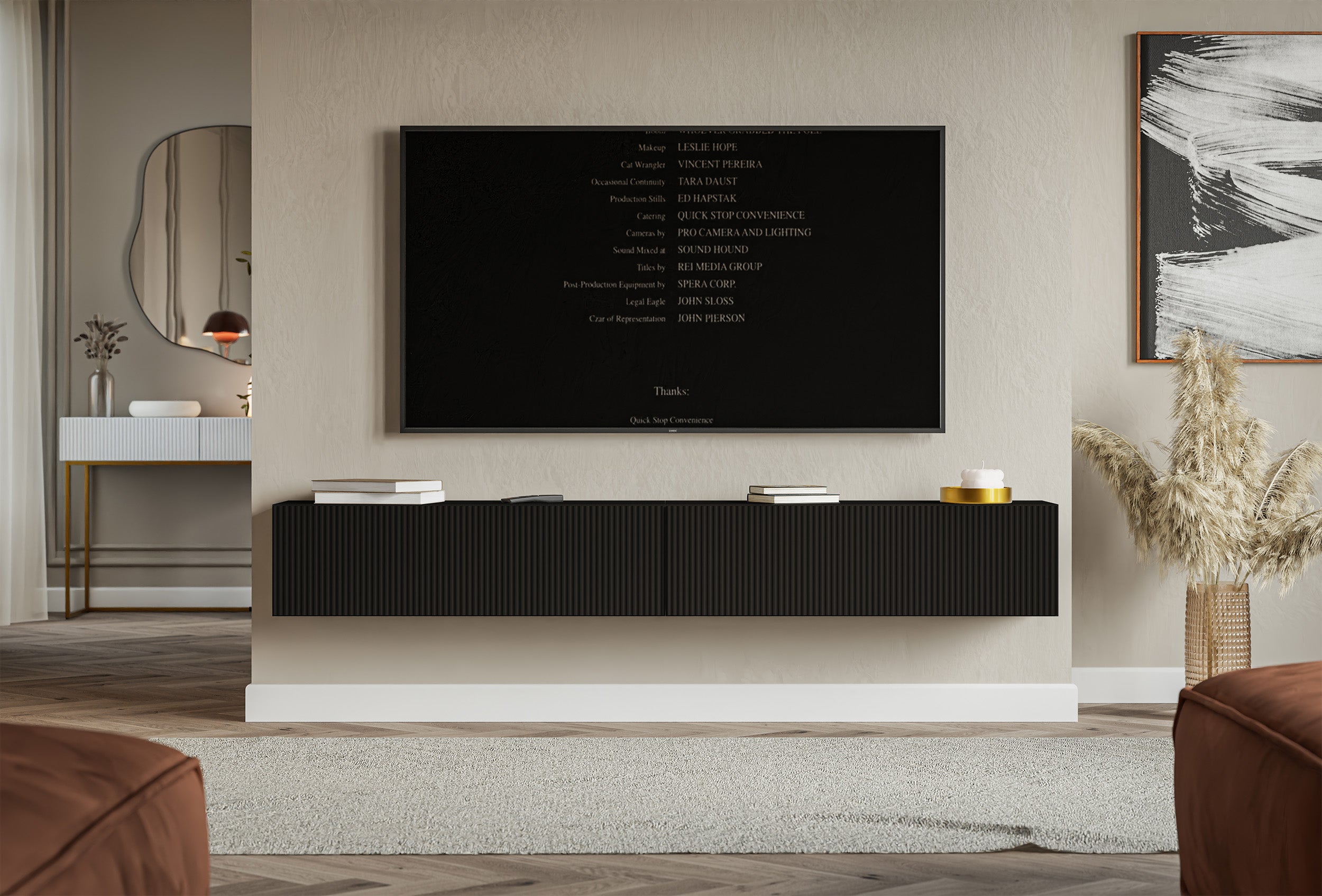 Hängender TV-Schrank Veldio mit zwei Türen, gerillte Front, 200 cm, schwarz