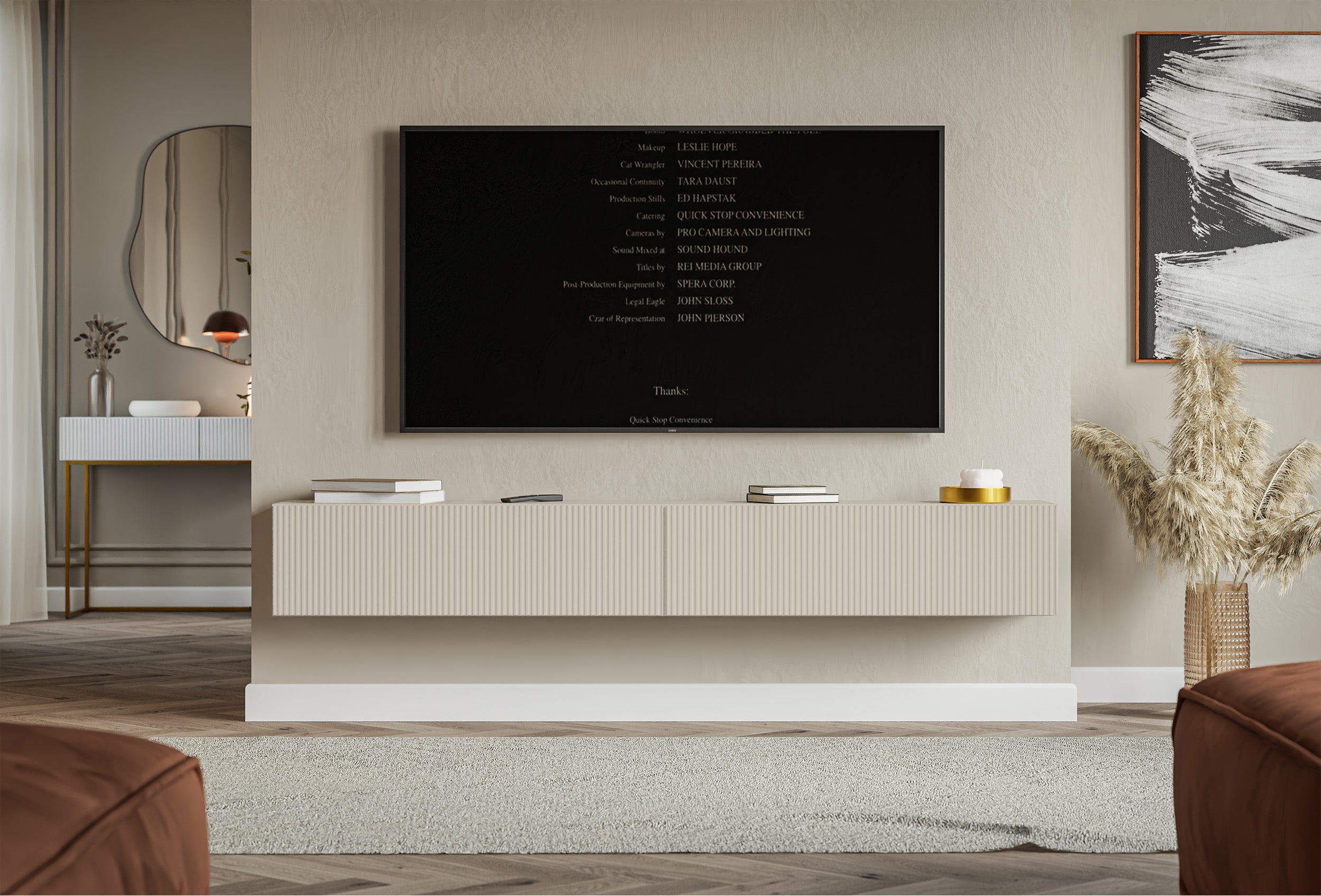 Hängender TV-Schrank Veldio mit zwei Türen und geriffelter Front, 200 cm, grau-beige