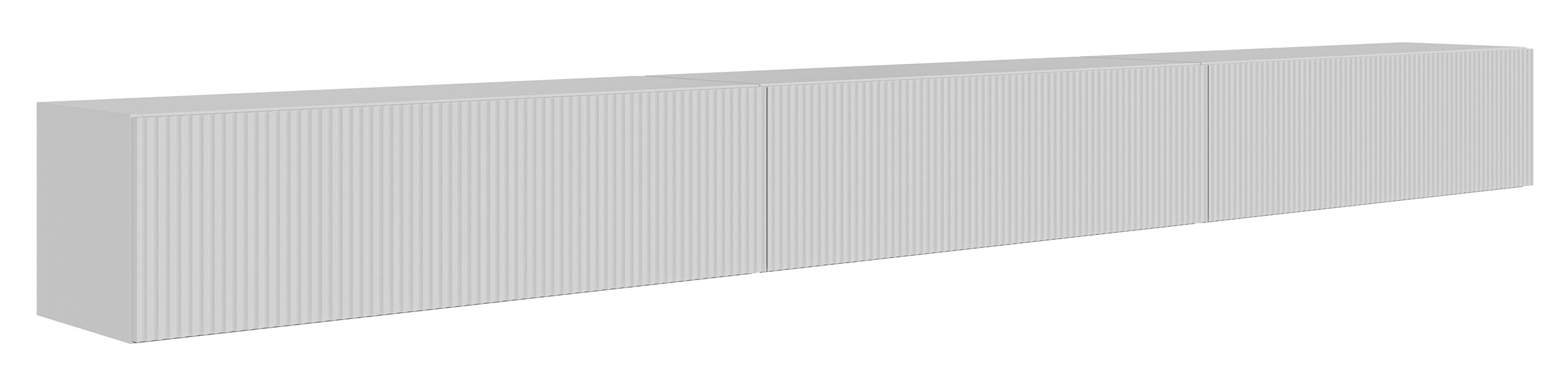 Hängender dreitüriger Veldio TV-Schrank mit geriffelter Front, 300 cm, weiß