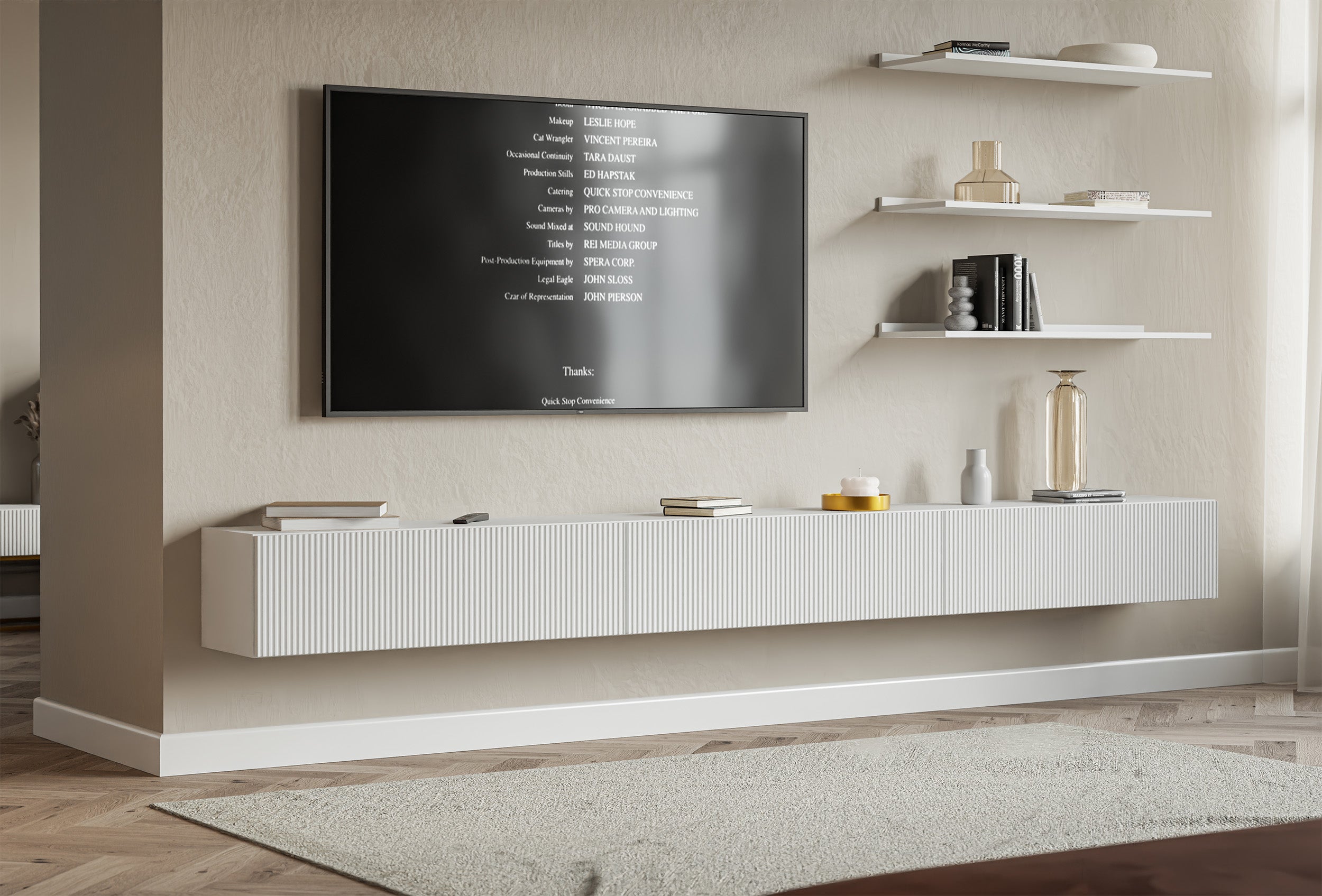 Hängender dreitüriger Veldio TV-Schrank mit geriffelter Front, 300 cm, grau-beige