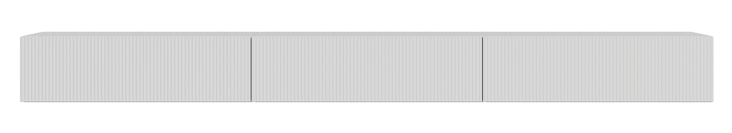 Hängender dreitüriger Veldio TV-Schrank mit geriffelter Front, 300 cm, weiß