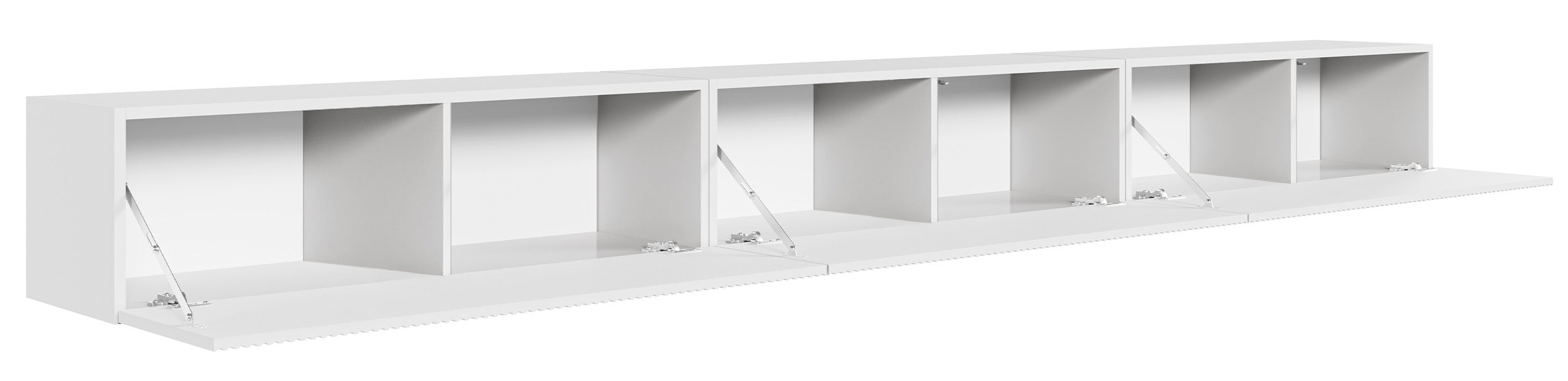 Hängender dreitüriger Veldio TV-Schrank mit geriffelter Front, 300 cm, grau-beige