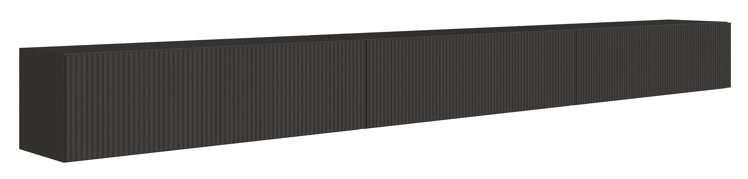 Hängender dreitüriger Veldio-TV-Schrank mit geriffelter Front, 300 cm, schwarz