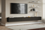 Hängender dreitüriger Veldio-TV-Schrank mit geriffelter Front, 300 cm, schwarz