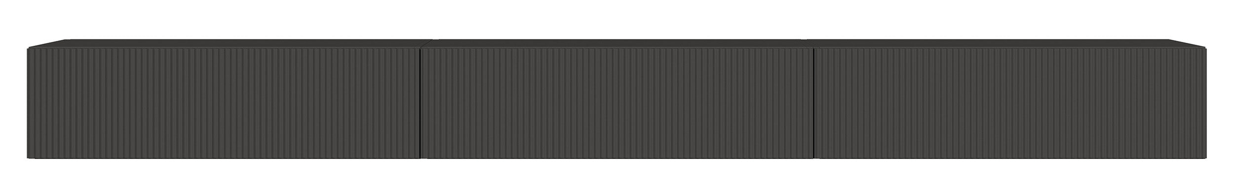 Hängender dreitüriger Veldio-TV-Schrank mit geriffelter Front, 300 cm, schwarz