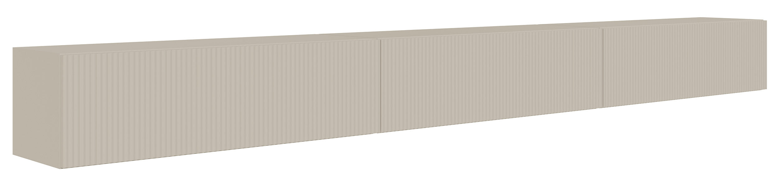 Hängender dreitüriger Veldio TV-Schrank mit geriffelter Front, 300 cm, grau-beige