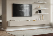 Hängender dreitüriger Veldio TV-Schrank mit geriffelter Front, 300 cm, grau-beige
